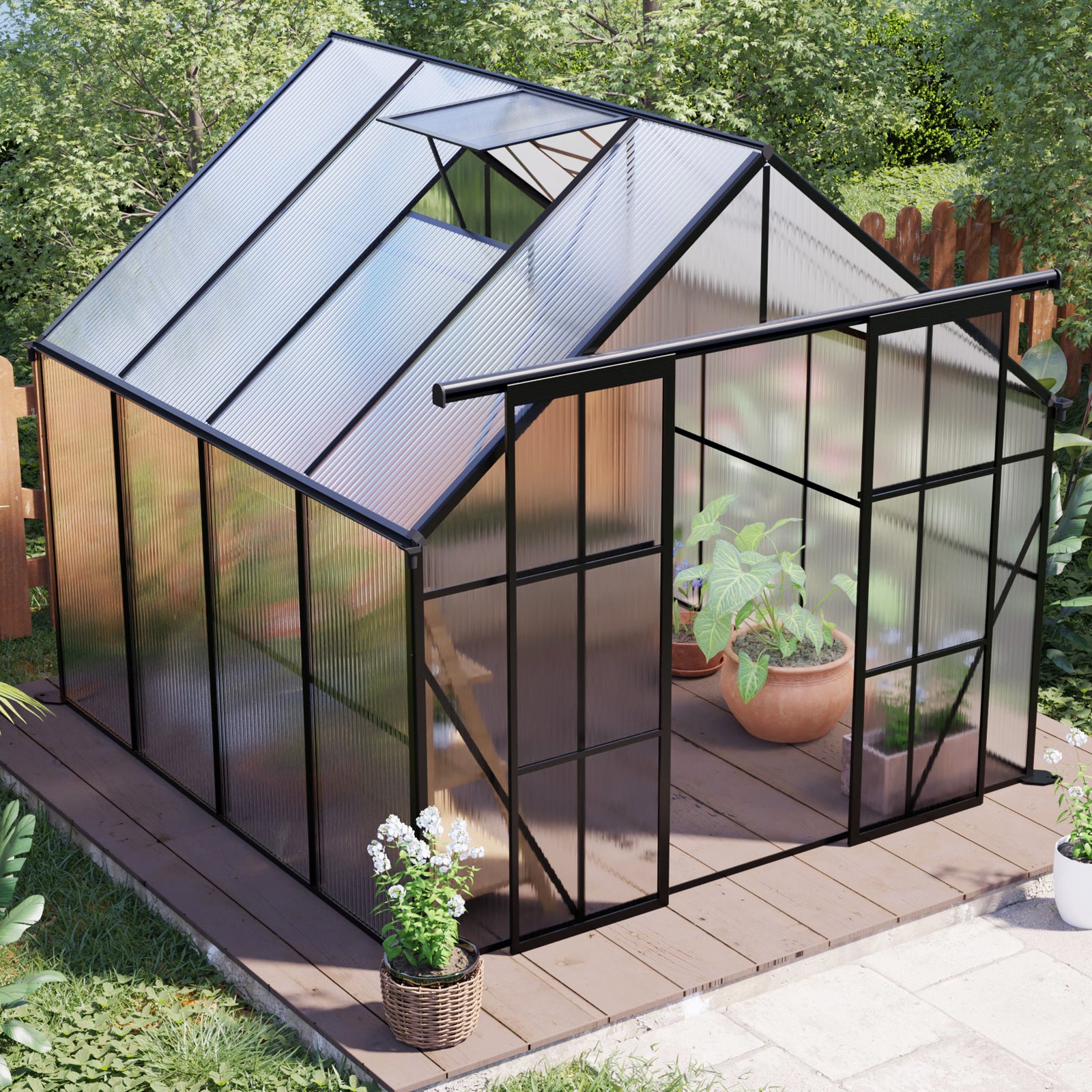 8ft x 8ft Heavy‑Duty Aluminum Walk‑In Greenhouse — Double Doors Polycarbonate Panels Raised Base & Drainage System Black