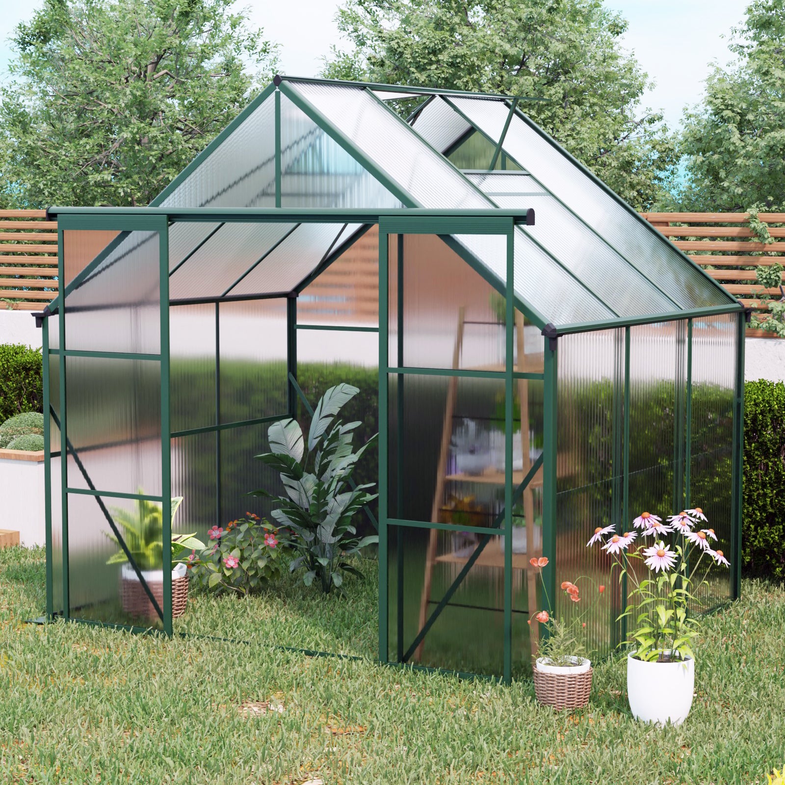 8ft x 6ft Heavy‑Duty Aluminum Walk‑In Greenhouse — Double Doors Adjustable Roof & Polycarbonate Panels Green
