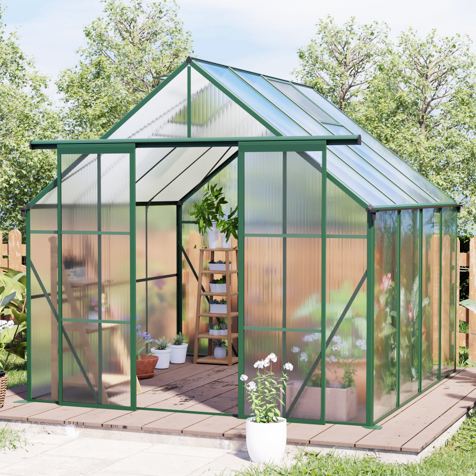 8ft x 8ft Heavy‑Duty Aluminum Walk‑In Greenhouse — Double Doors Polycarbonate Panels & Drainage System Green