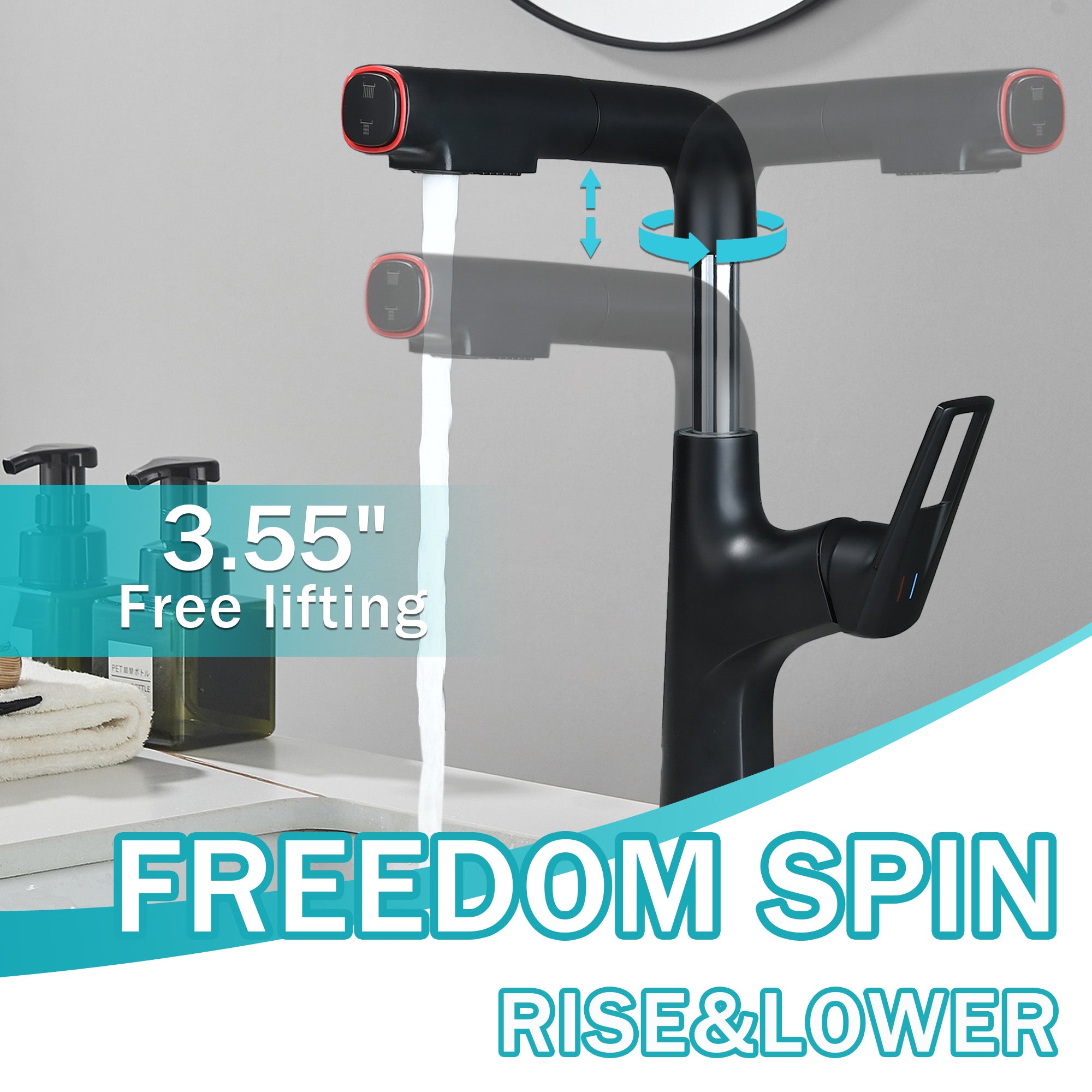 Matte Black Pull-Down Vessel Faucet - Single Hole Bathroom Sink Faucet with Lift Spout & Dual Spray Modes