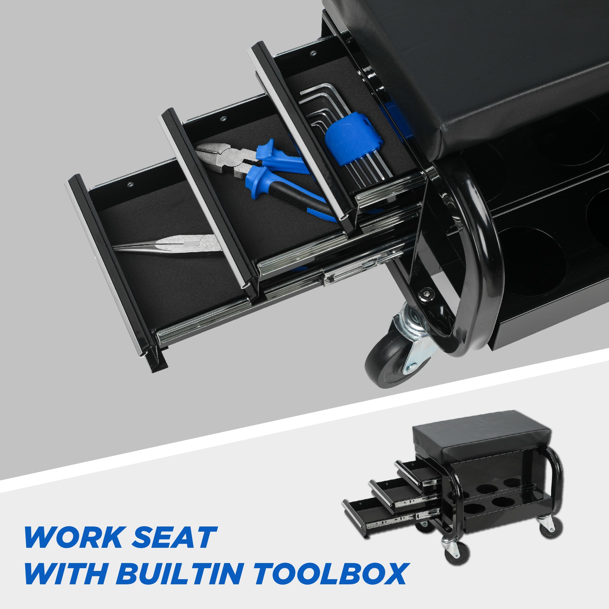 Rolling Creeper Garage/Shop Seat with Three Built-in Drawers, Rolling Tool Chest,Black