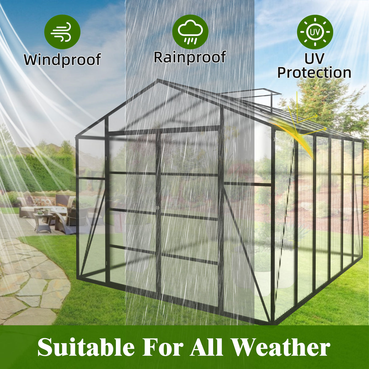 10ft x 12ft Heavy‑Duty Aluminum Walk‑In Greenhouse — Raised Base Polycarbonate Panels & Drainage System Black