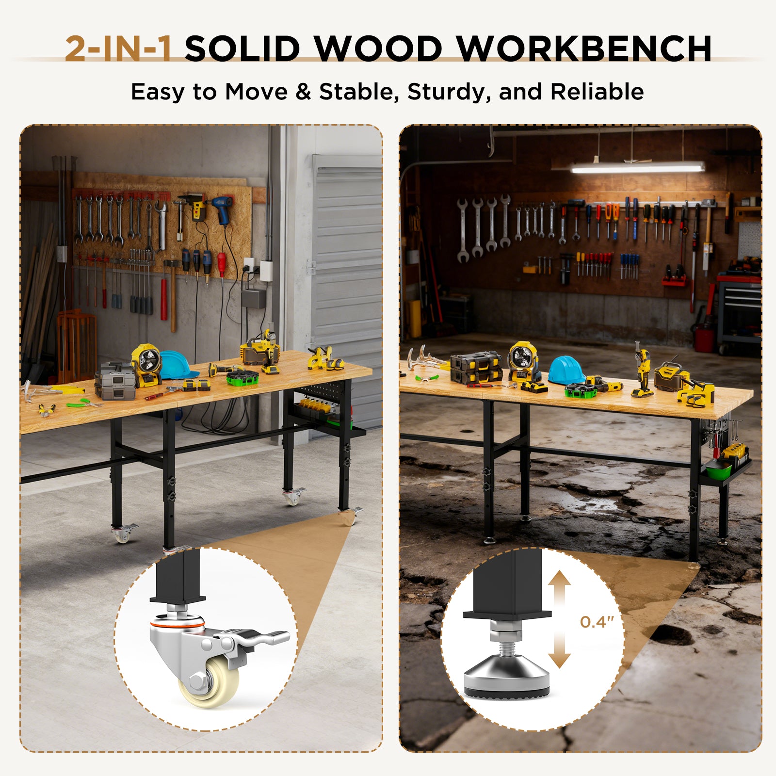 96" Adjustable Workbench with Side Pegboard, Solid Wood Top, 2000 lb Capacity, Power Outlet, Storage Box & Wheels