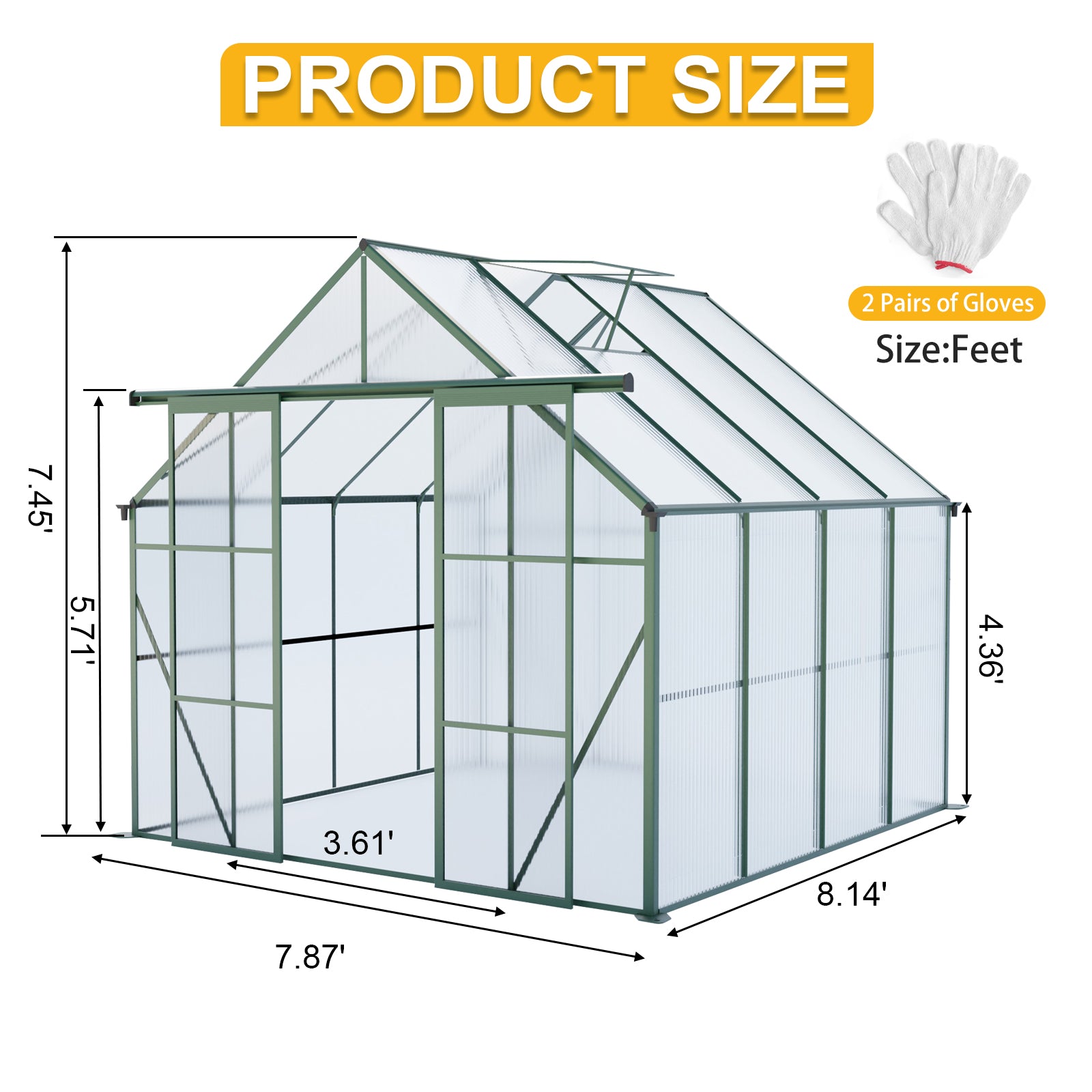 8ft x 8ft Heavy‑Duty Aluminum Walk‑In Greenhouse — Double Doors Polycarbonate Panels & Drainage System Green