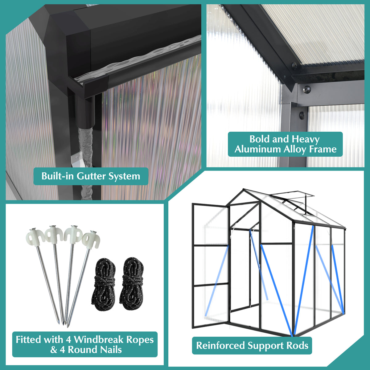 6ft x 6ft Heavy‑Duty Aluminum Walk‑In Greenhouse — Raised Base Polycarbonate Panels & Drainage System Black