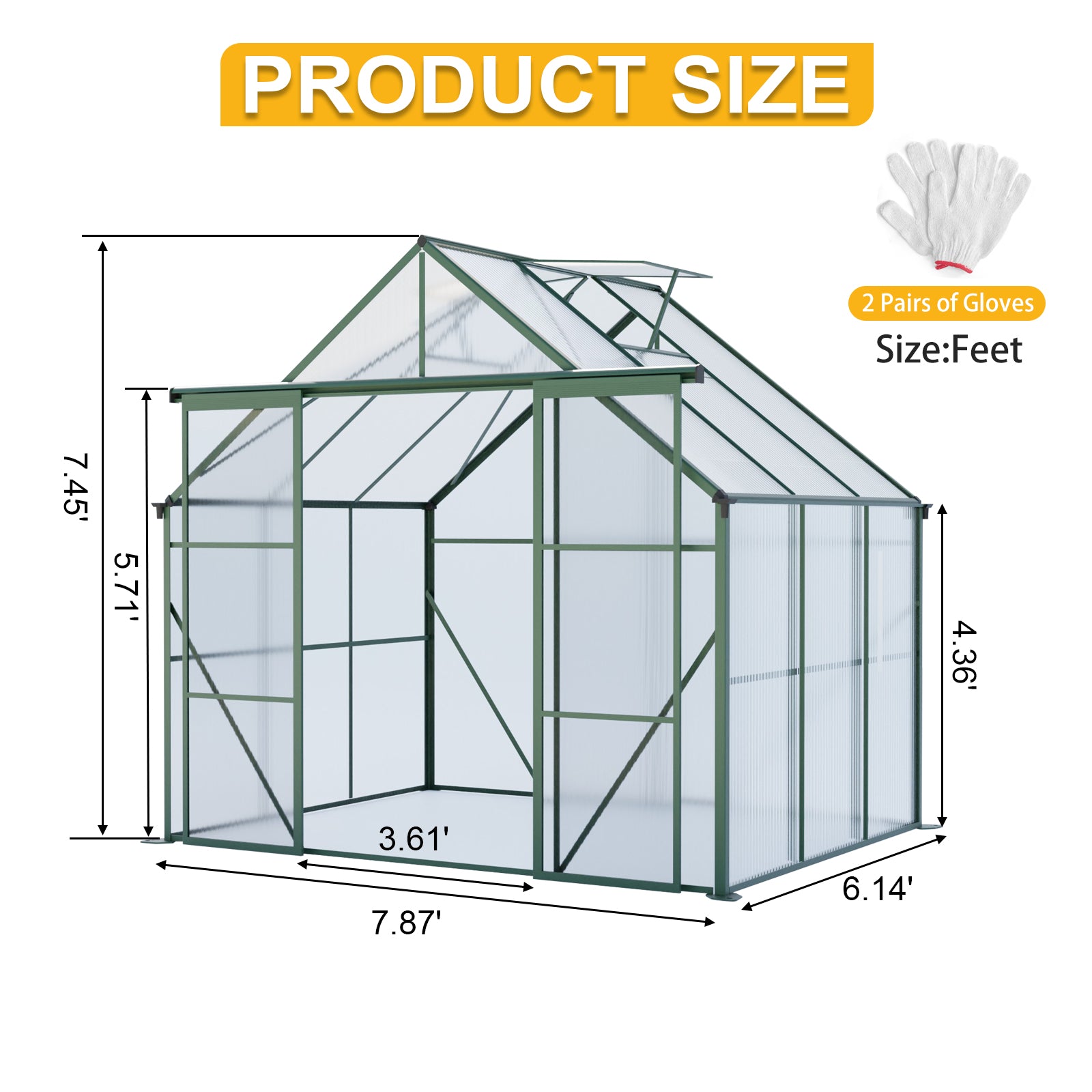 8ft x 6ft Heavy‑Duty Aluminum Walk‑In Greenhouse — Double Doors Adjustable Roof & Polycarbonate Panels Green