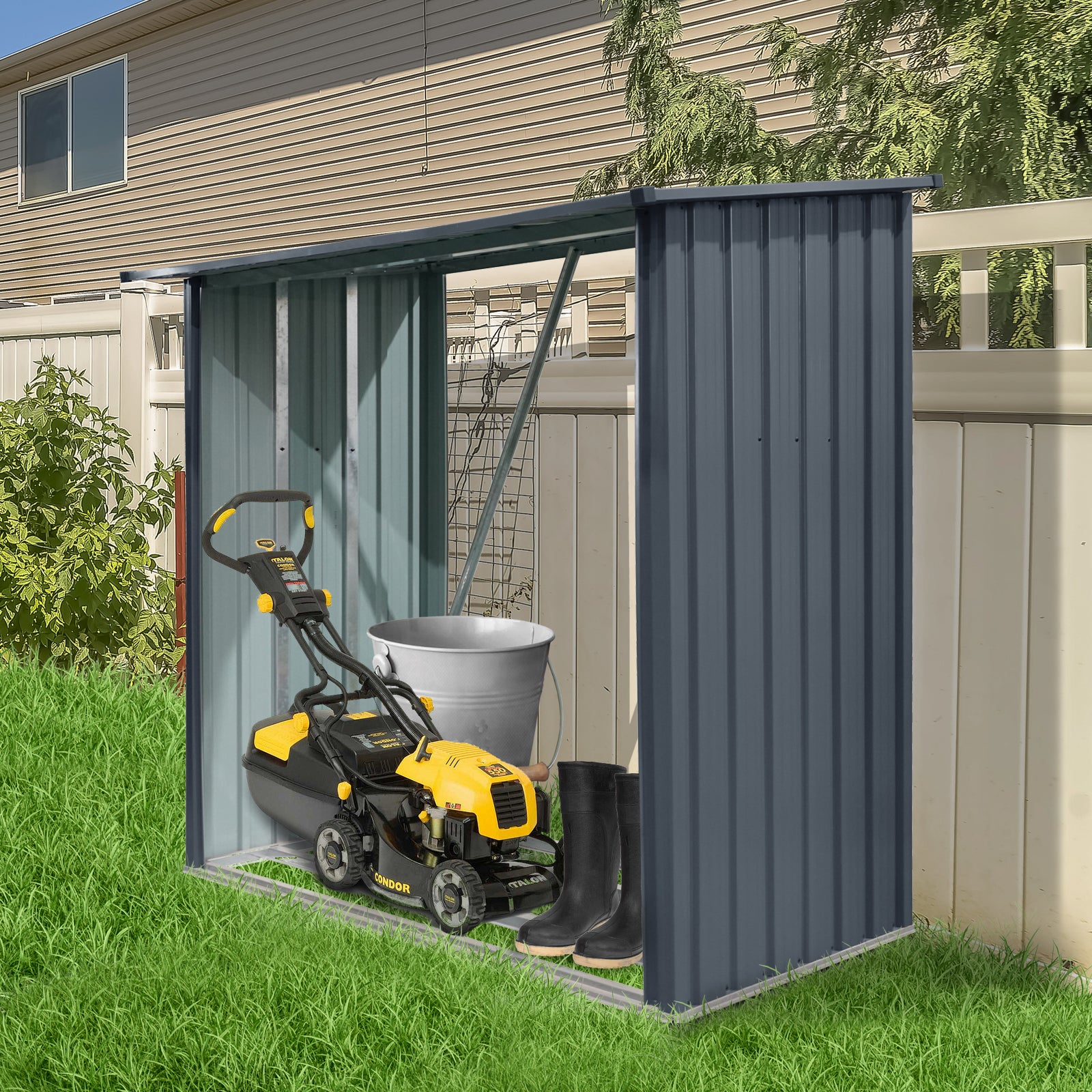 Outdoor Steel Firewood Rack with Sloped Roof Wood Shed — 85.5" Wide, Black