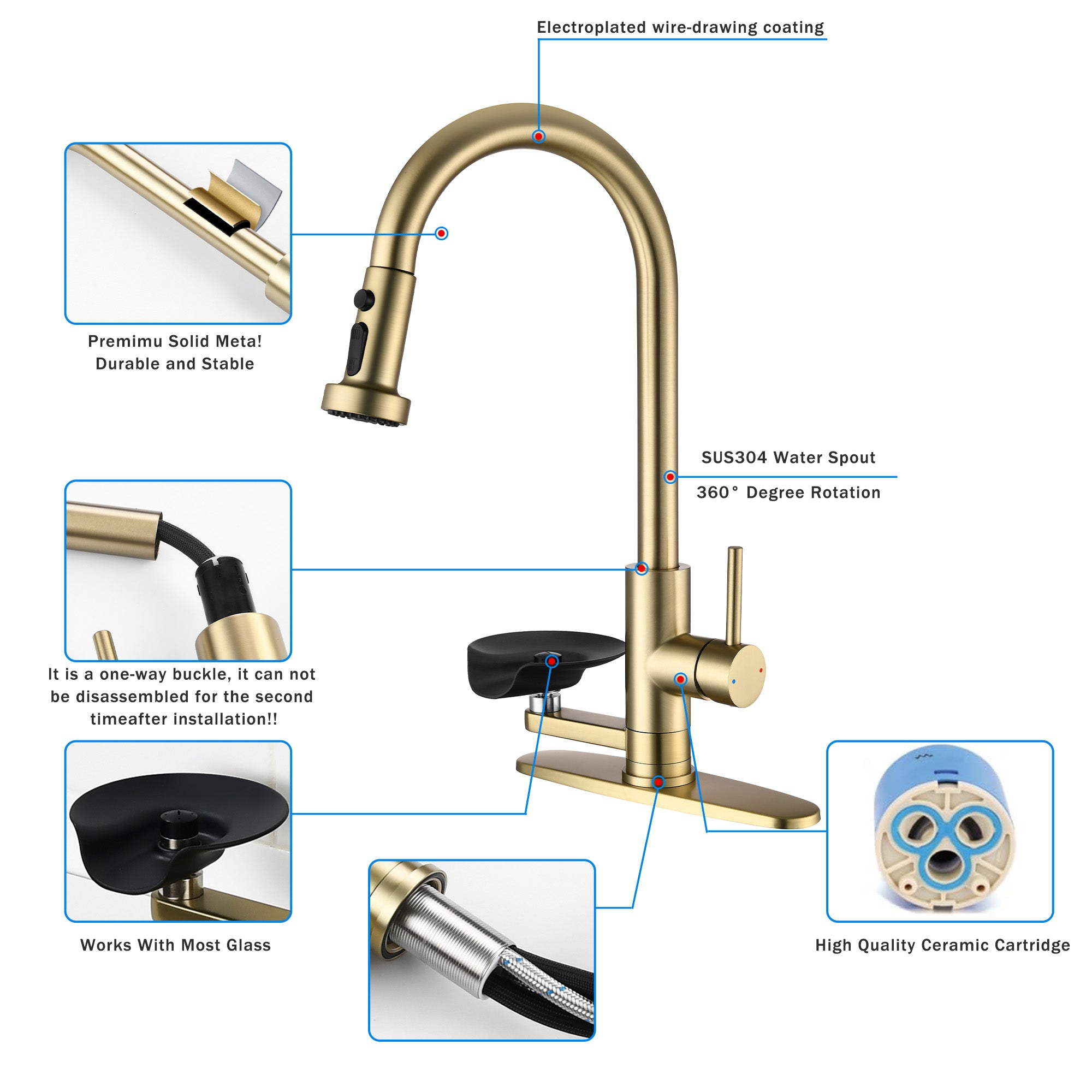 3-in-1 Kitchen Faucet with Press-Type Glass Rinser, Universal for 1 & 3 Holes, High-Arc Pull-Down Sprayer with 3 Function Spray Mode, Brushed Gold Finish
