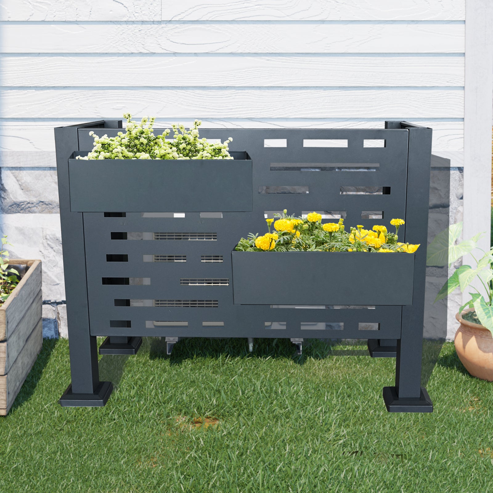 3 x 2 FT Metal Air Conditioner Privacy Fence — 3‑Panel Charcoal AC Cover, Freestanding Enclosure