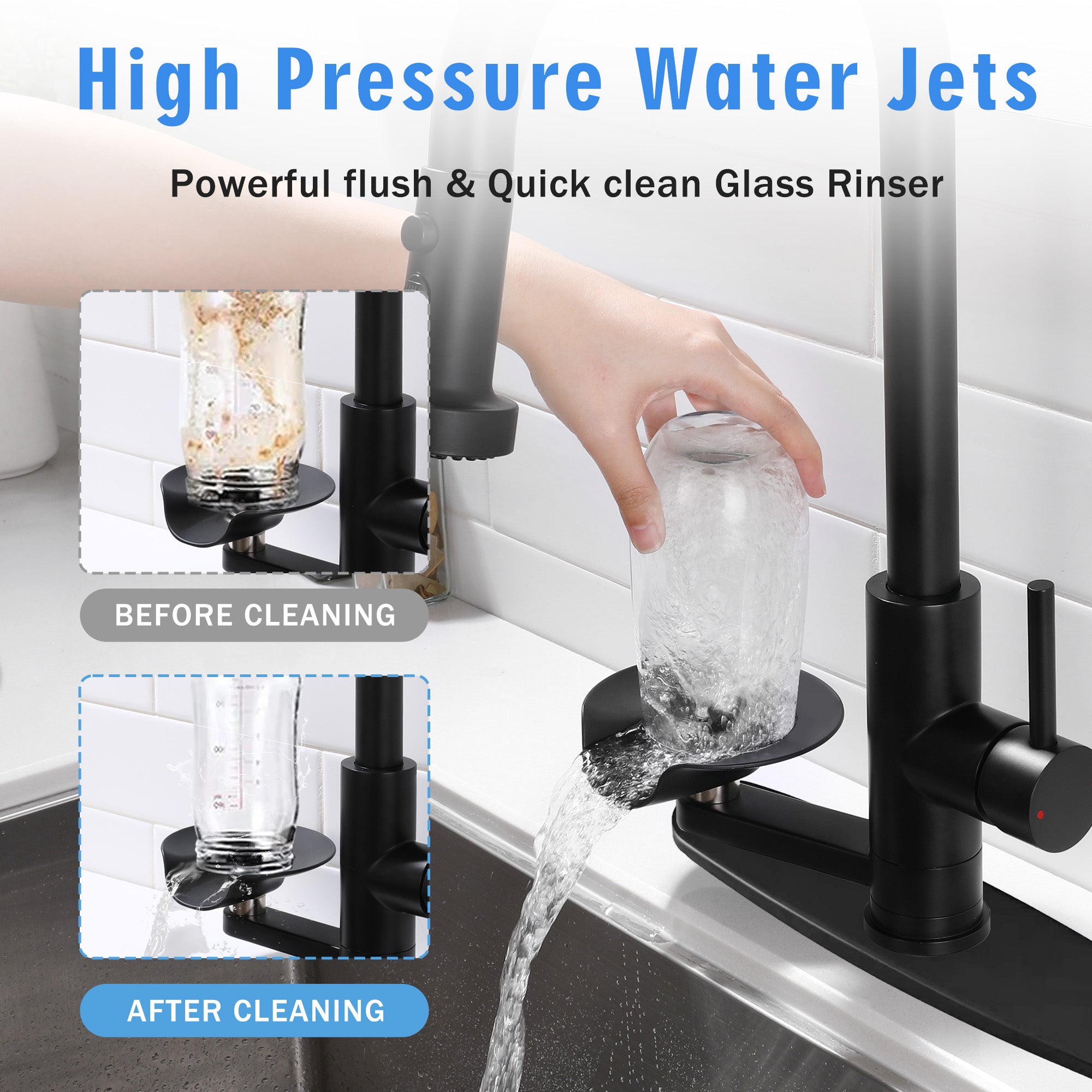 3-in-1 Kitchen Faucet with Press-Type Glass Rinser, High-Arc Pull-Down Sprayer Faucet, 3 Function Spray Mode, Matte Black Finish, for Modern Kitchen Sink