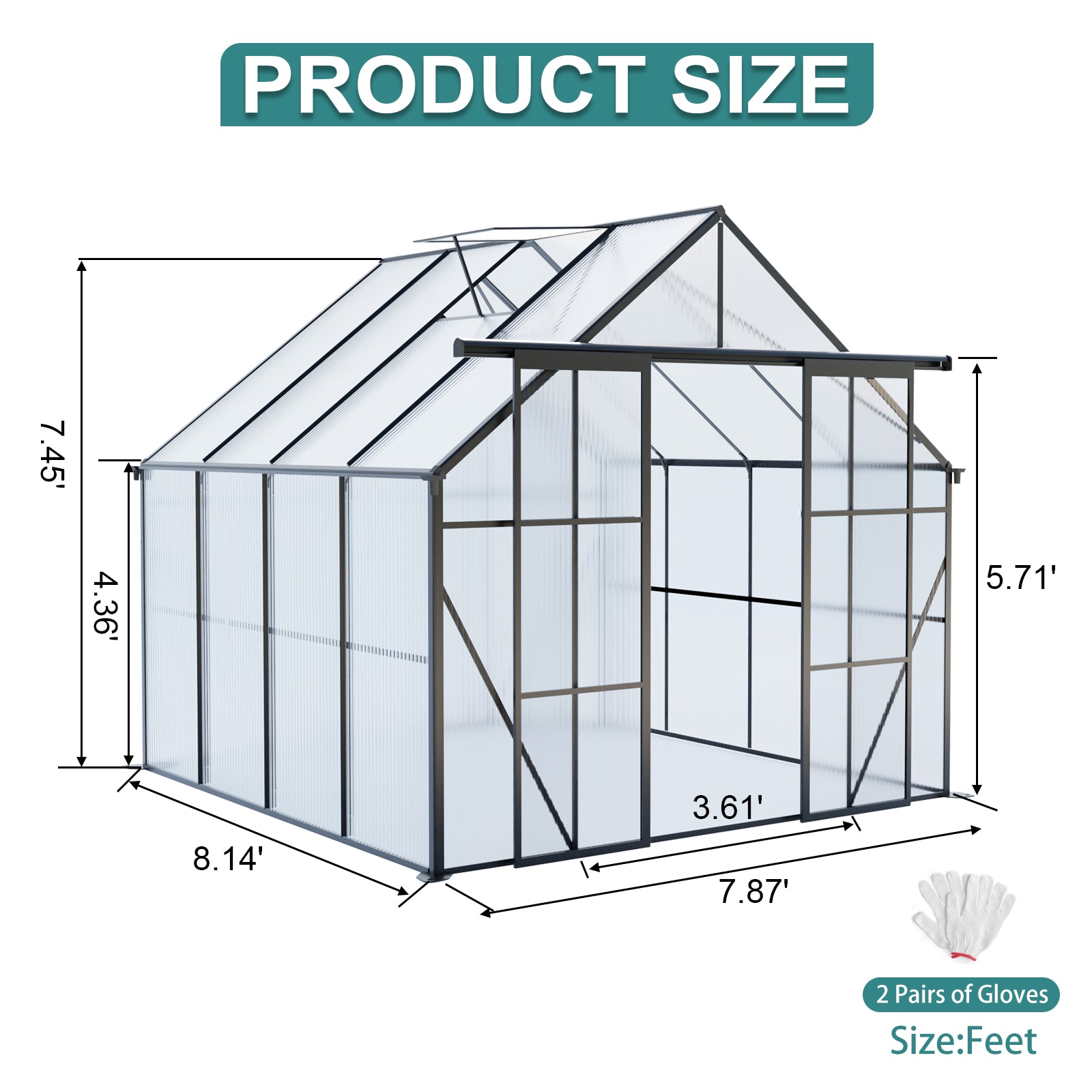 8ft x 8ft Heavy‑Duty Aluminum Walk‑In Greenhouse — Double Doors Polycarbonate Panels Raised Base & Drainage System Black