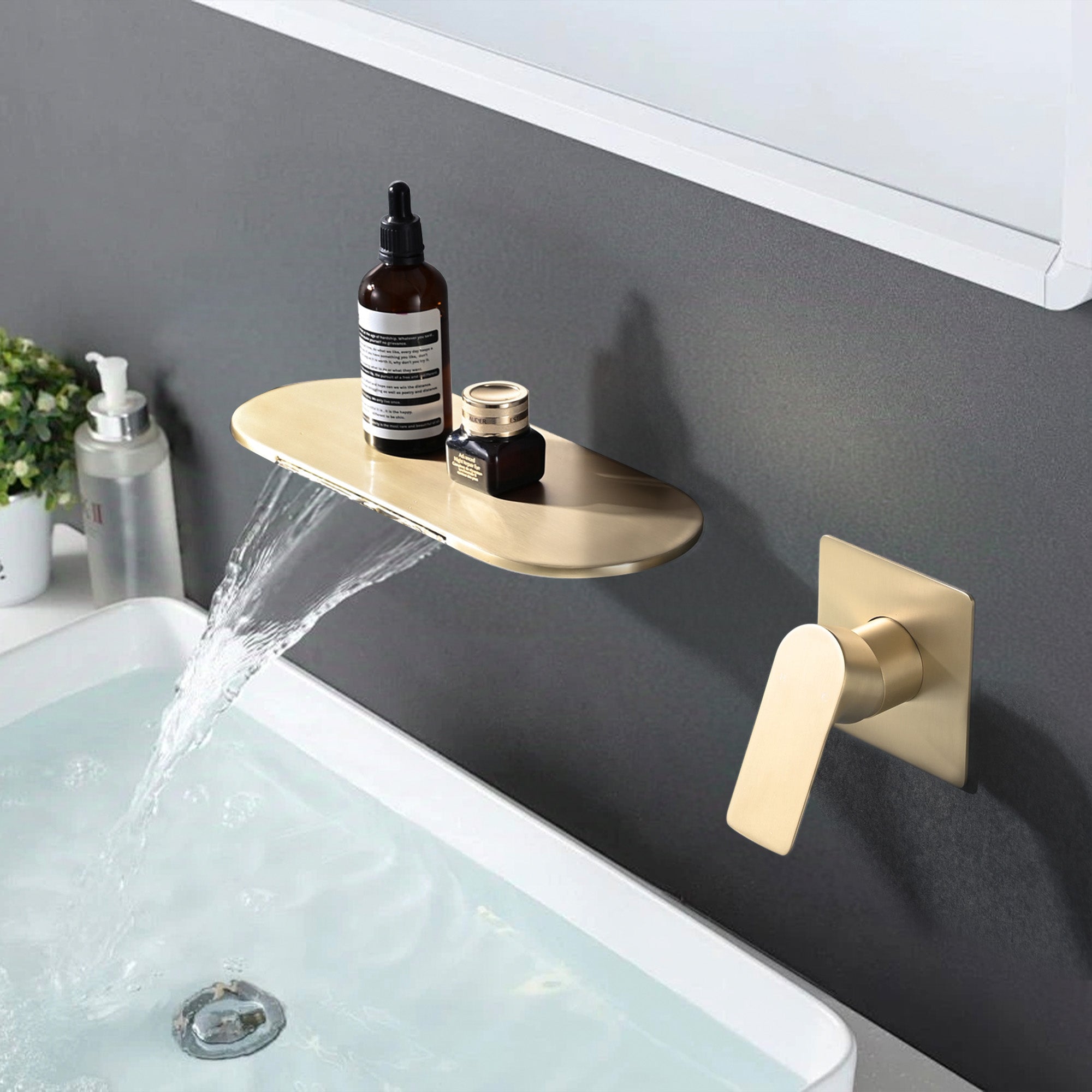 Wall Mount Waterfall Bathtub Faucet – Single Handle, Wide Spout, Brushed Gold or Matte Black