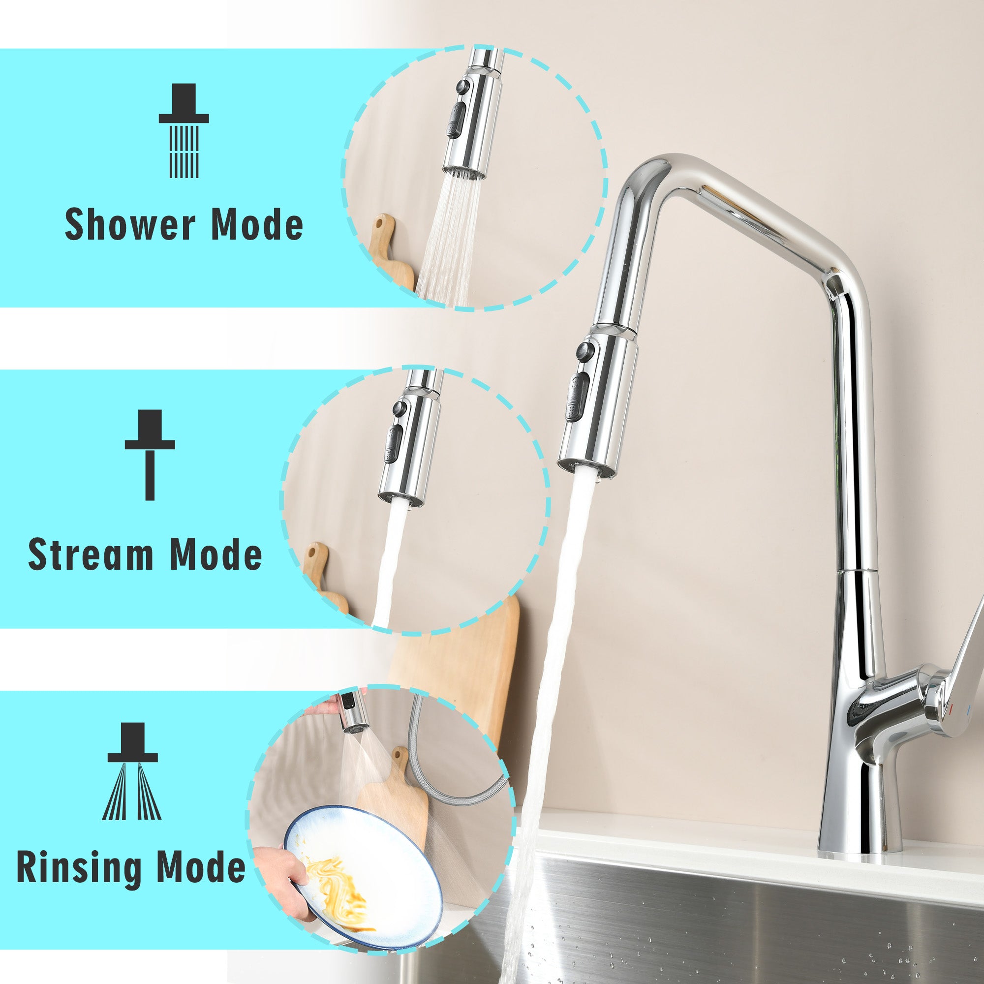 Professional Chrome Kitchen Faucet - 3 Function 360 Sprayer, One Touch Switching & FastConnect