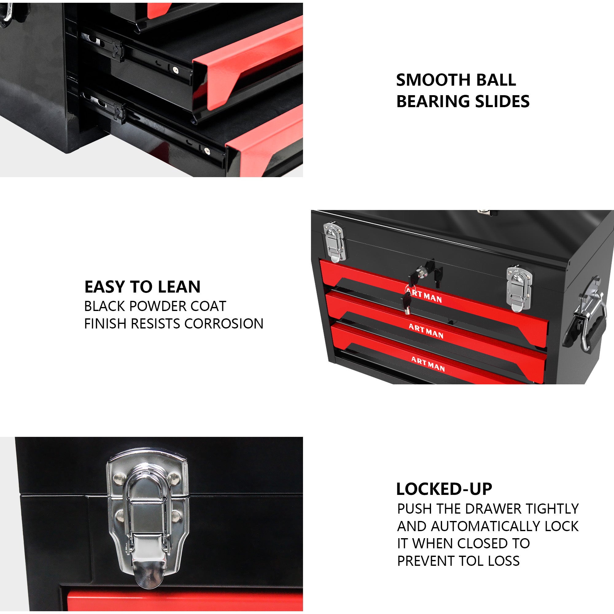 20" Portable 3 Drawer Steel Tool Box with Metal Latch Closure, Black&Red