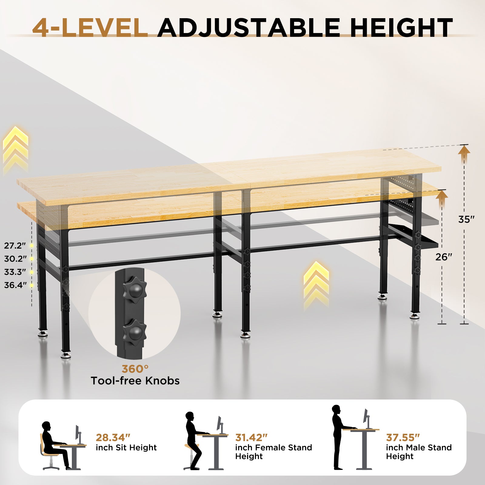 96" Adjustable Workbench with Side Pegboard, Solid Wood Top, 2000 lb Capacity, Power Outlet, Storage Box & Wheels