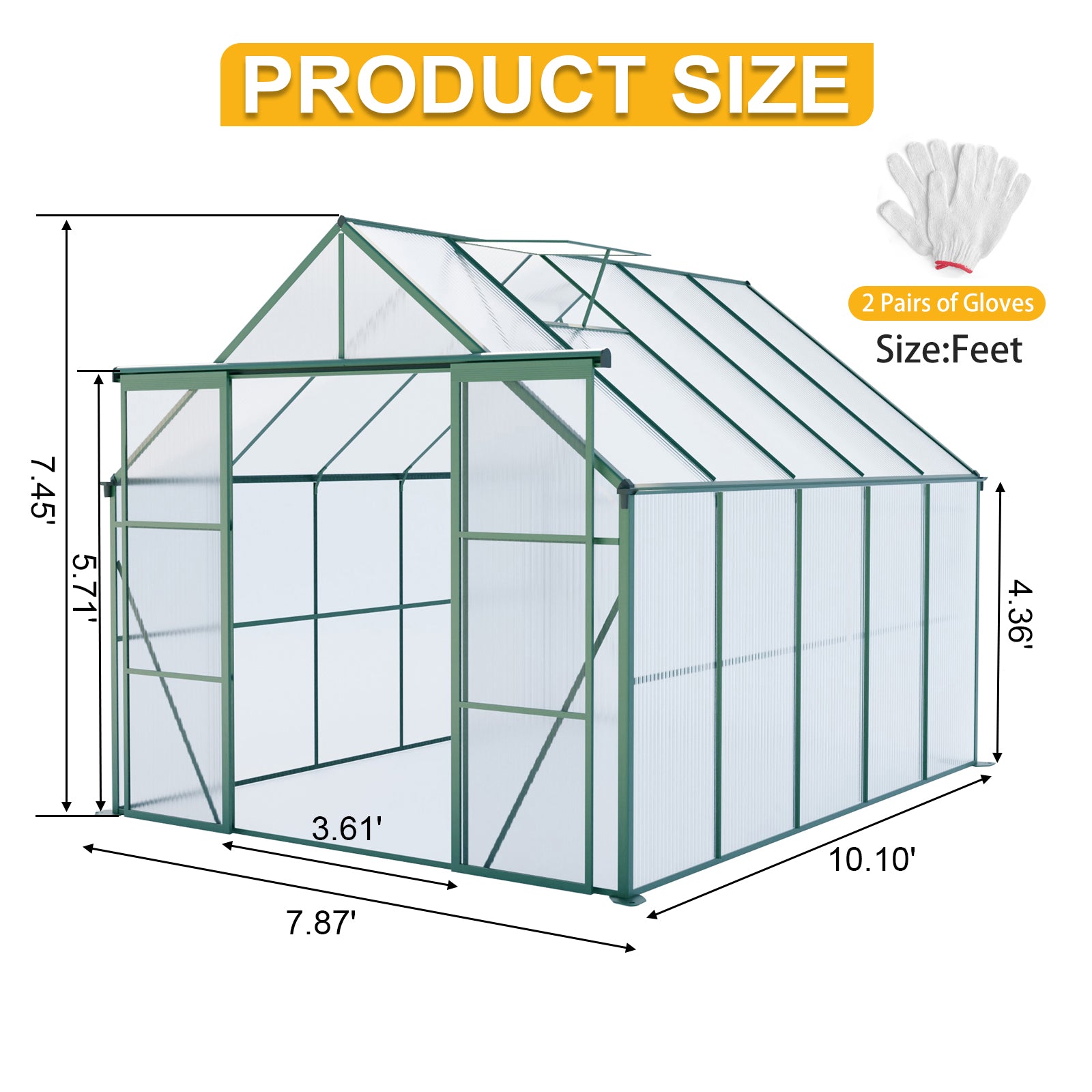 8ft x 10ft Heavy‑Duty Aluminum Walk‑In Greenhouse — Double Doors Adjustable Roof & Polycarbonate Panels Green