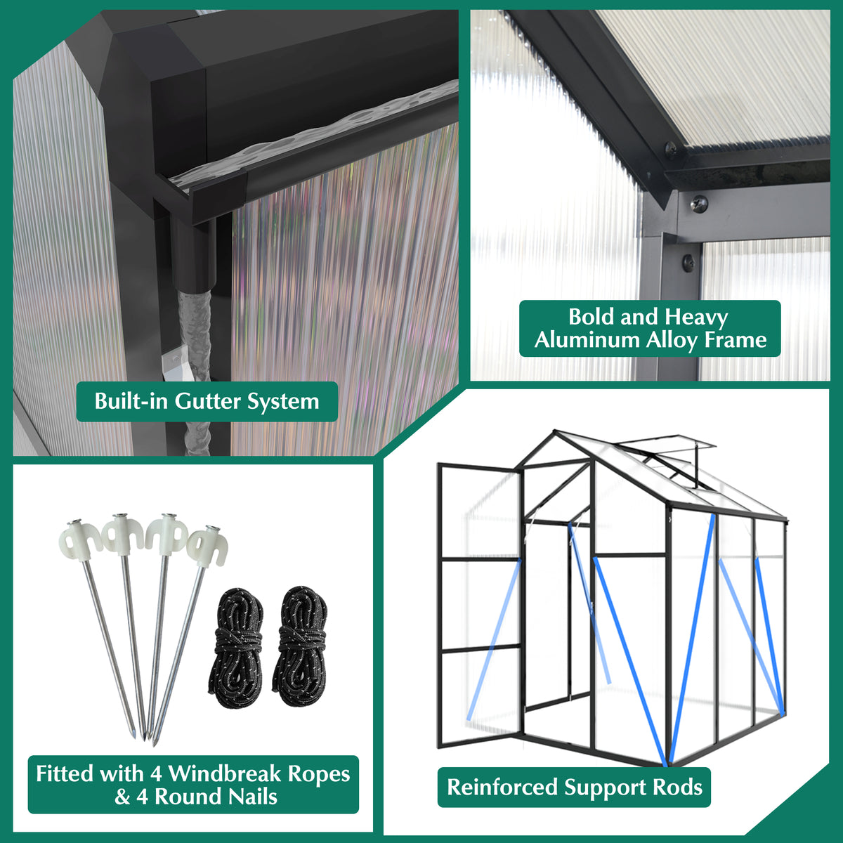 6ft x 10ft Heavy‑Duty Aluminum Walk‑In Greenhouse — Wind‑Resistant Polycarbonate Panels with Raised Base & Drainage System Black
