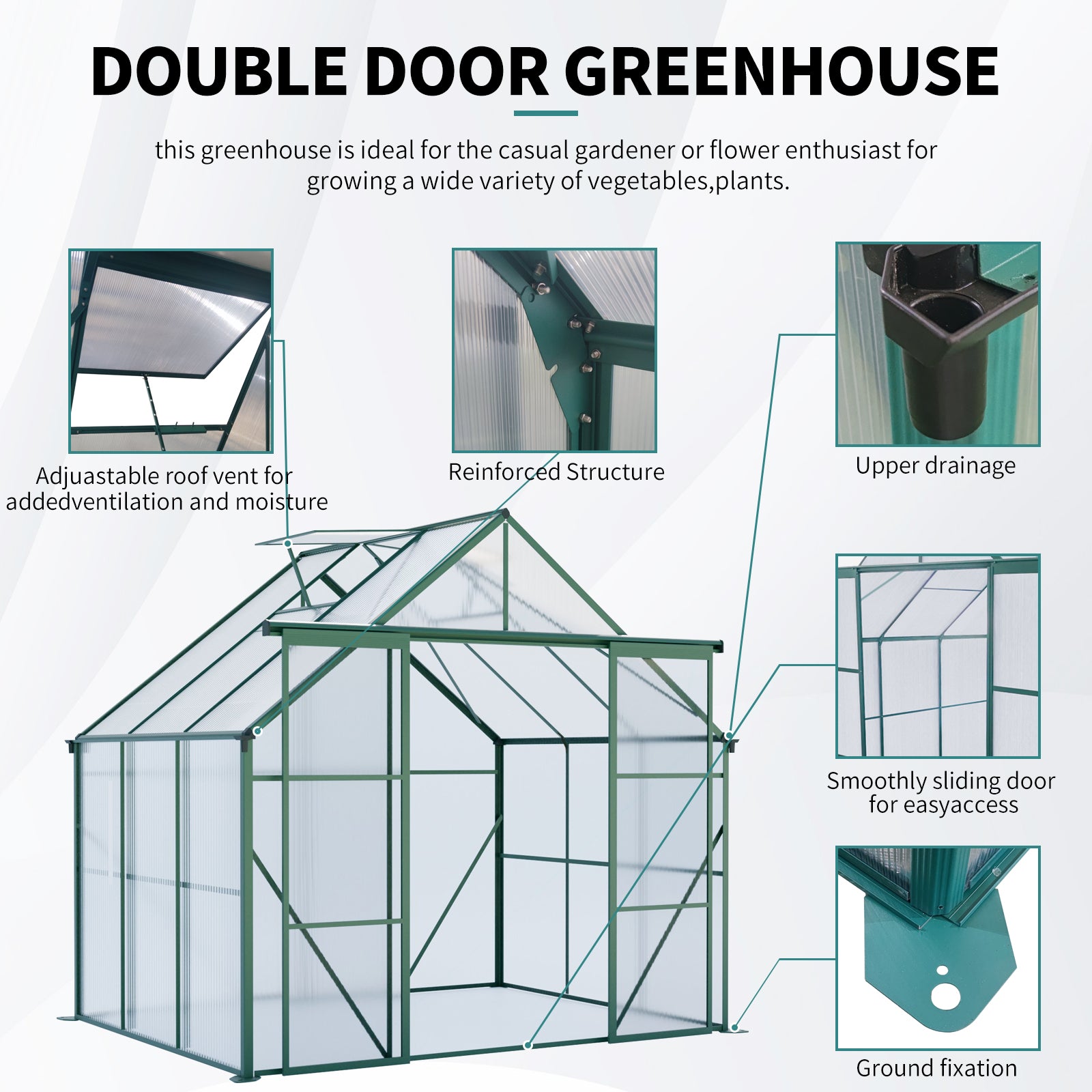 8ft x 6ft Heavy‑Duty Aluminum Walk‑In Greenhouse — Double Doors Adjustable Roof & Polycarbonate Panels Green
