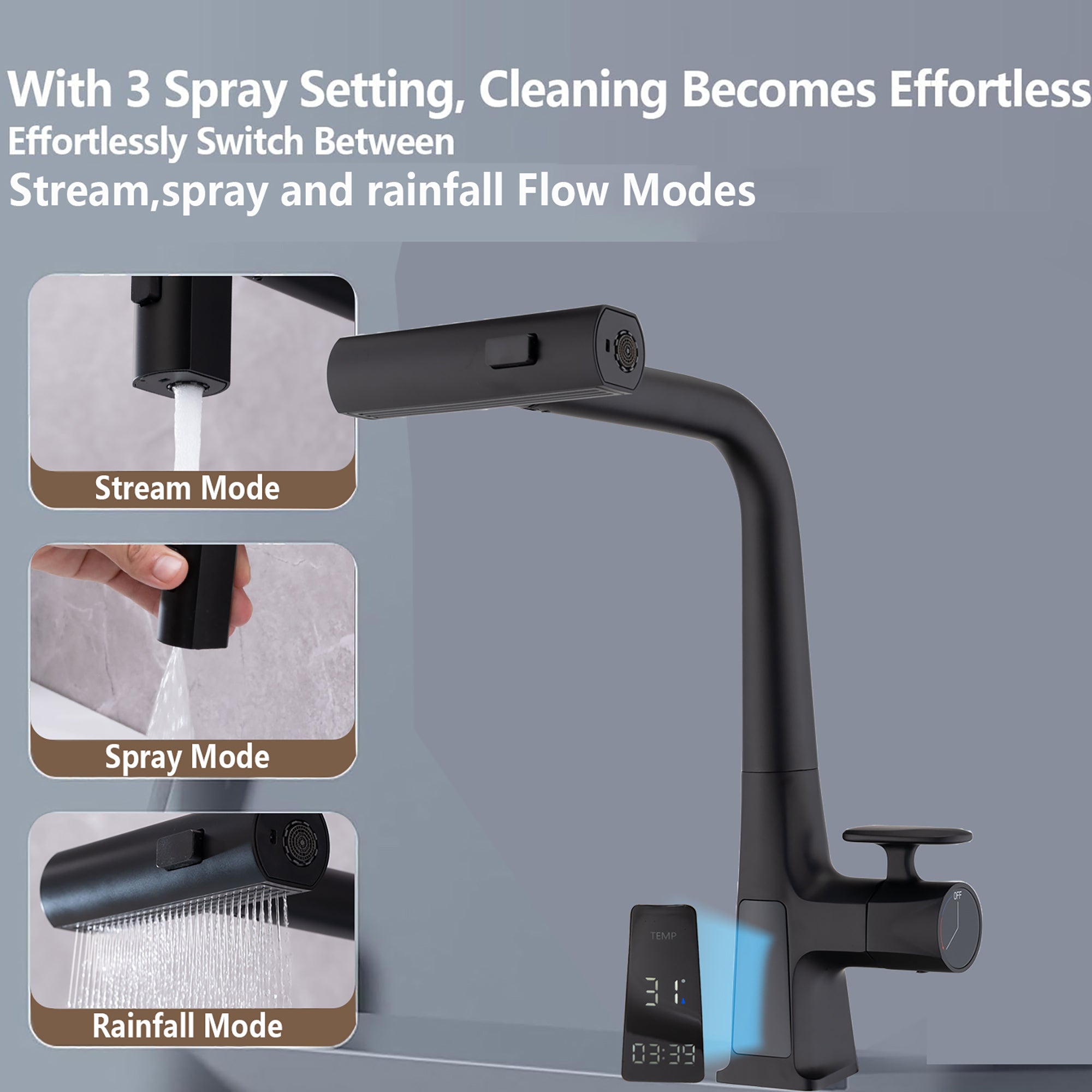 Matte Black Waterfall Kitchen Faucet with Temperature Display, Single Handle Kitchen Faucet with Pull Down Sprayer, Modern Kitchen Sink Faucet, Three Water Outlet Modes