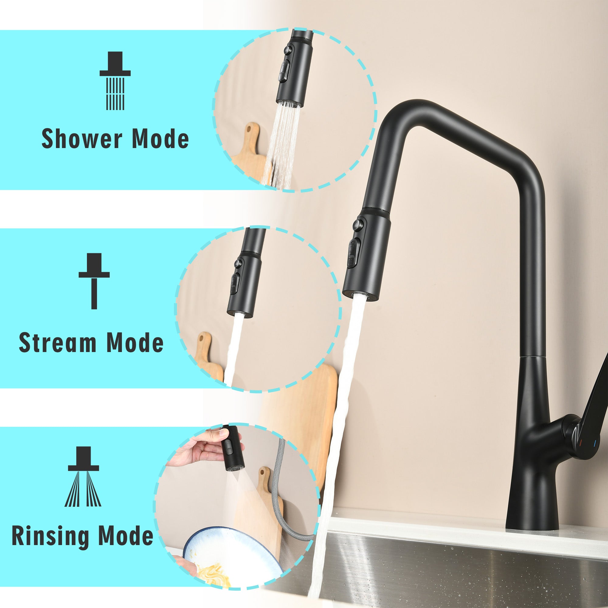 Matte Black Professional Kitchen Faucet 3 Function 360 Sprayer One Touch Switching FastConnect