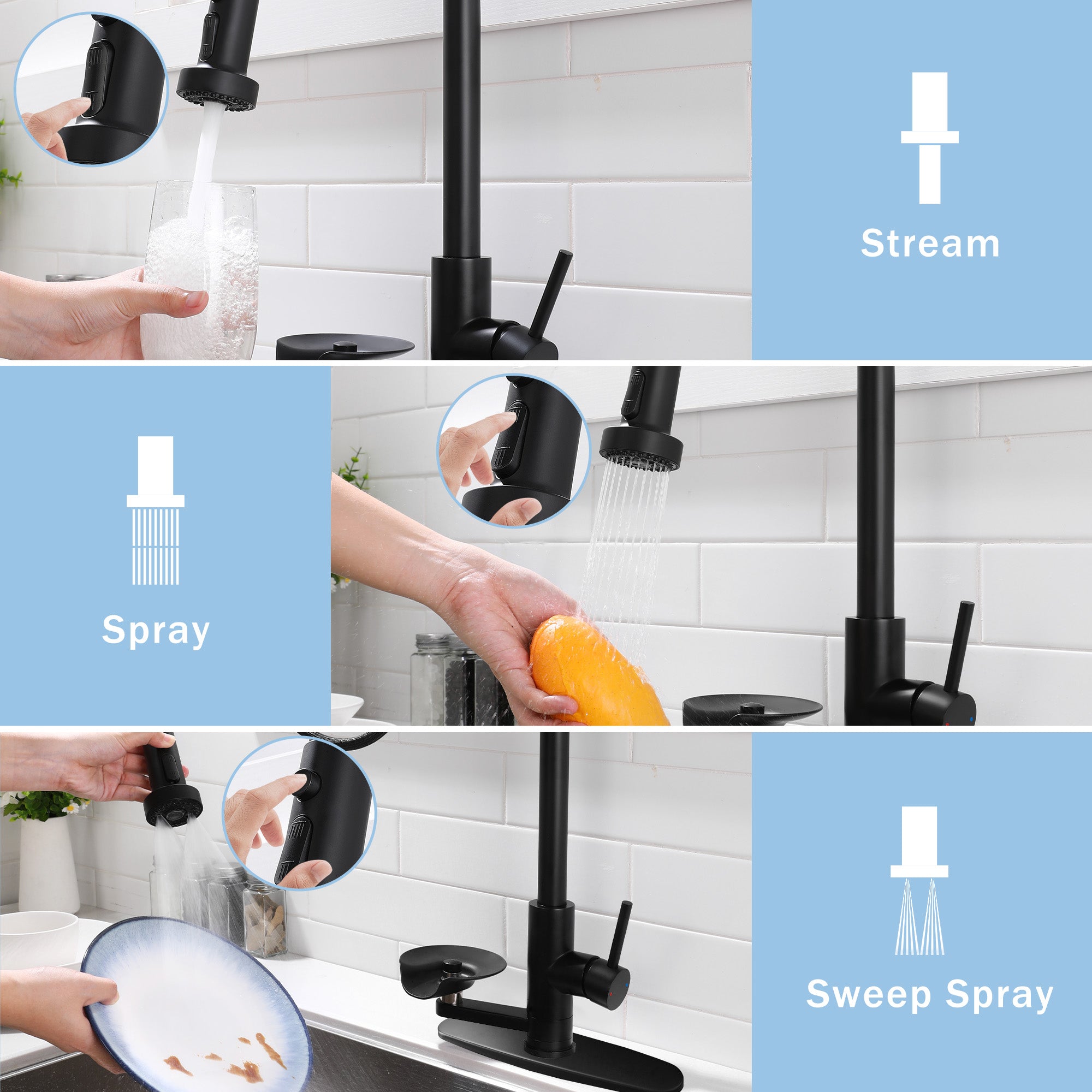 3-in-1 Kitchen Faucet with Press-Type Glass Rinser, High-Arc Pull-Down Sprayer Faucet, 3 Function Spray Mode, Matte Black Finish, for Modern Kitchen Sink