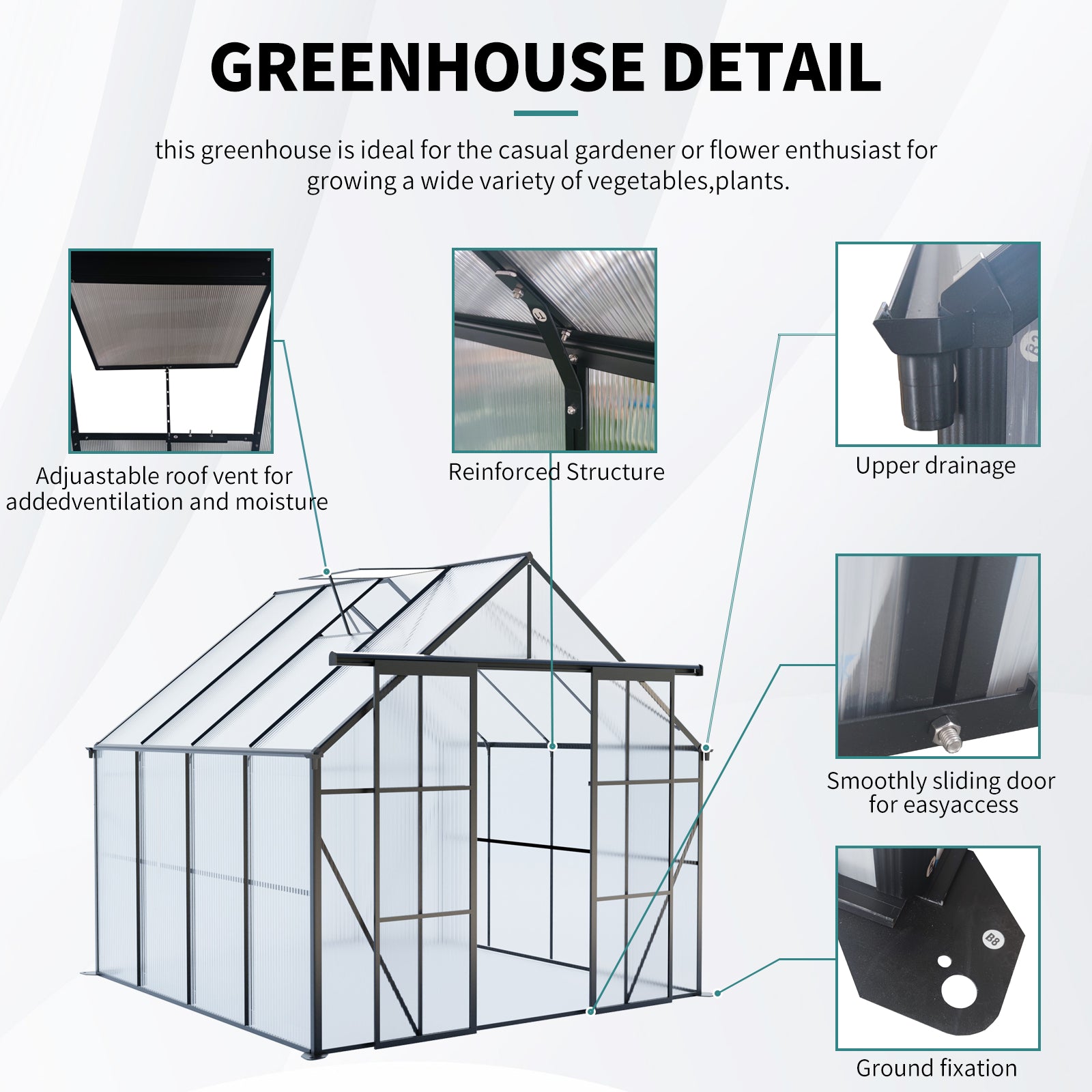 8ft x 8ft Heavy‑Duty Aluminum Walk‑In Greenhouse — Double Doors Polycarbonate Panels Raised Base & Drainage System Black
