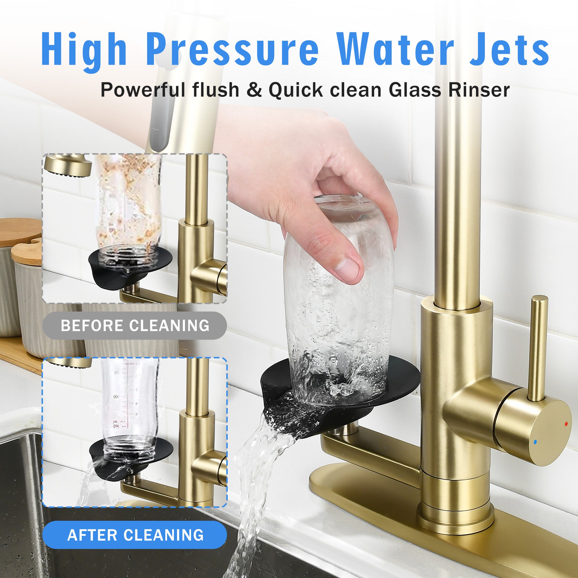 3-in-1 Kitchen Faucet with Press-Type Glass Rinser, Universal for 1 & 3 Holes, High-Arc Pull-Down Sprayer with 3 Function Spray Mode, Brushed Gold Finish