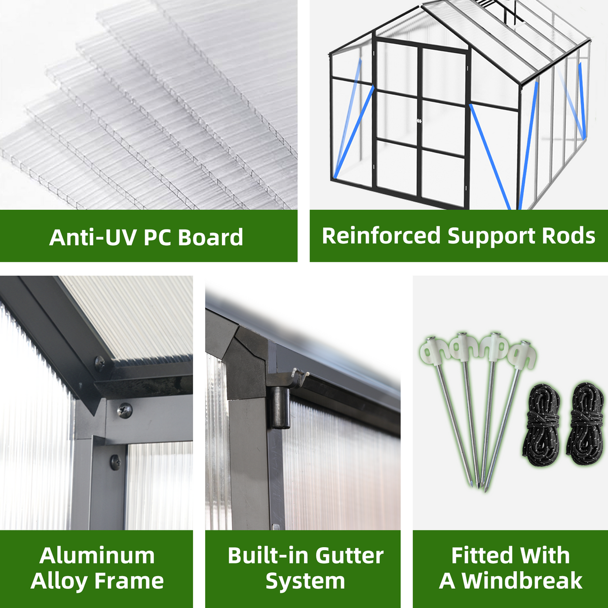 8ft x 10ft Heavy‑Duty Aluminum Walk‑In Greenhouse — 4mm Polycarbonate Panels Drainage System & Adjustable Vents Black