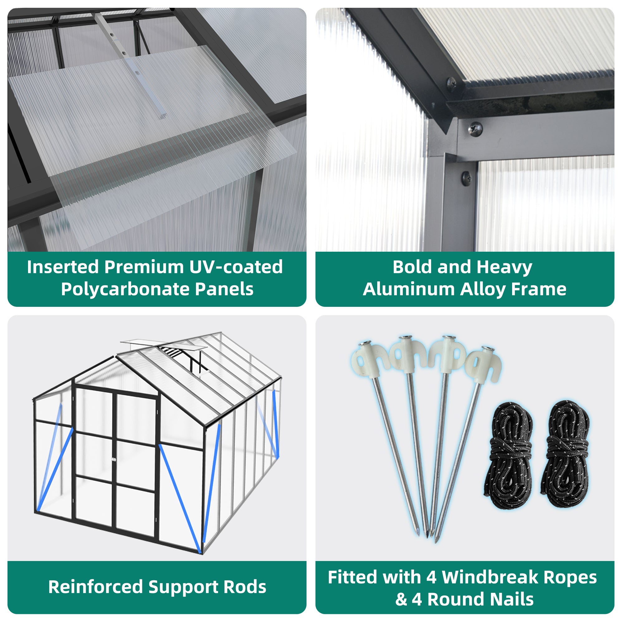 8ft x 14ft Heavy‑Duty Aluminum Walk‑In Greenhouse — Raised Base Polycarbonate Panels & Drainage System Black