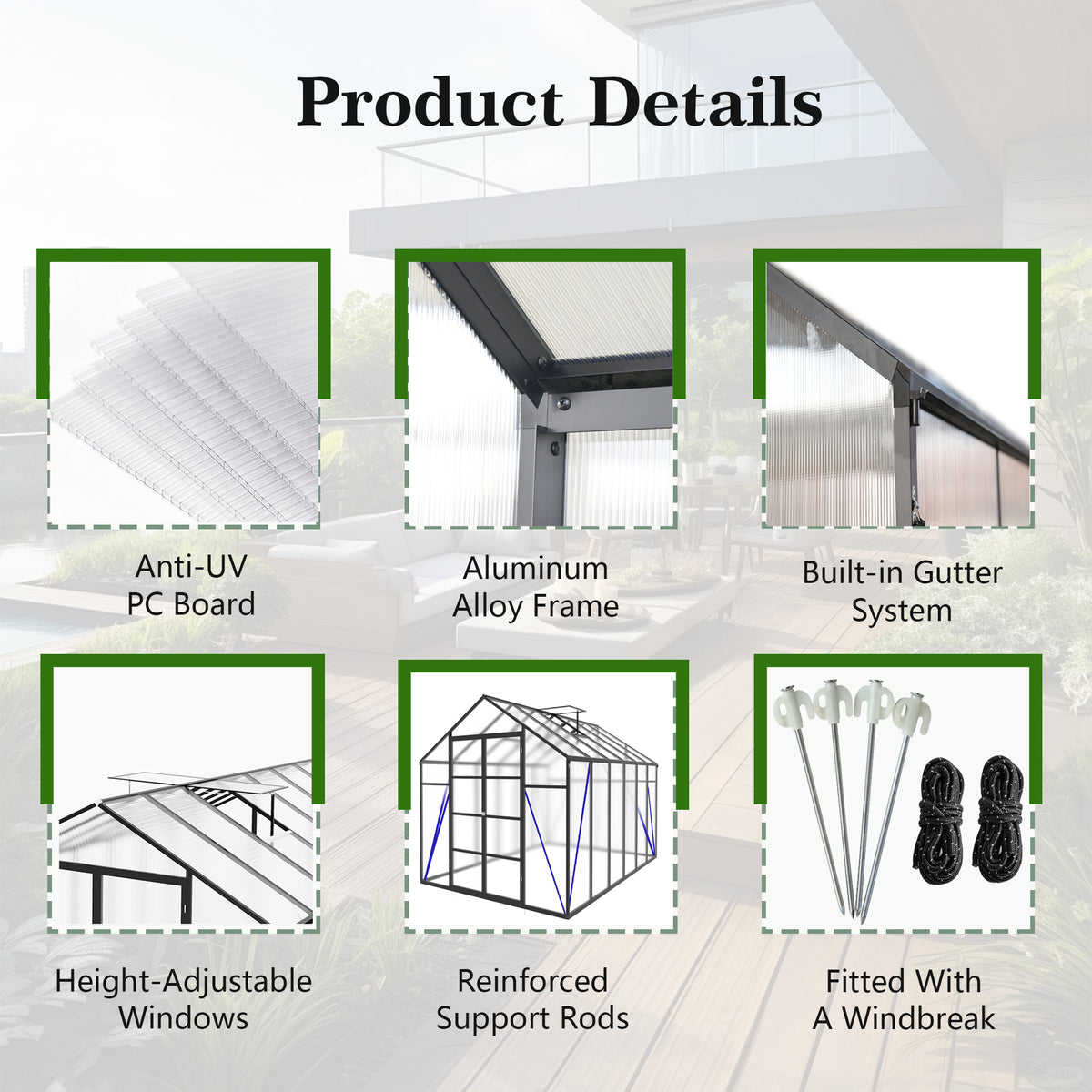 10ft x 12ft Heavy‑Duty Aluminum Walk‑In Greenhouse — Raised Base Polycarbonate Panels & Drainage System Black