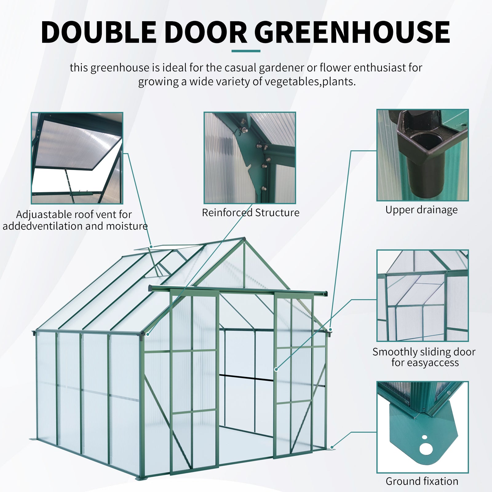 8ft x 8ft Heavy‑Duty Aluminum Walk‑In Greenhouse — Double Doors Polycarbonate Panels & Drainage System Green