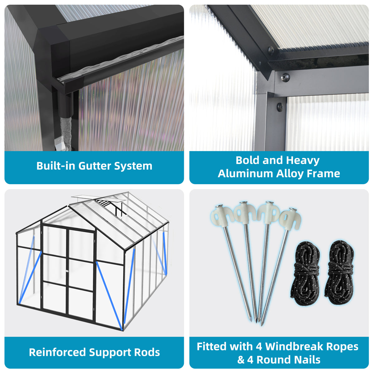 8ft x 12ft Heavy‑Duty Aluminum Walk‑In Greenhouse — 4mm Polycarbonate Panels Raised Base & Drainage System Black