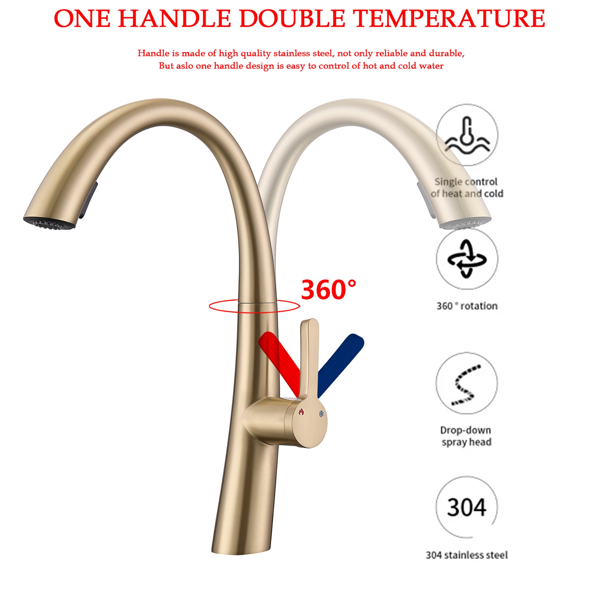 Single Handle Stainless Steel Pull Out Kitchen Faucet – Brushed Gold, High-Arc, Dual-Mode