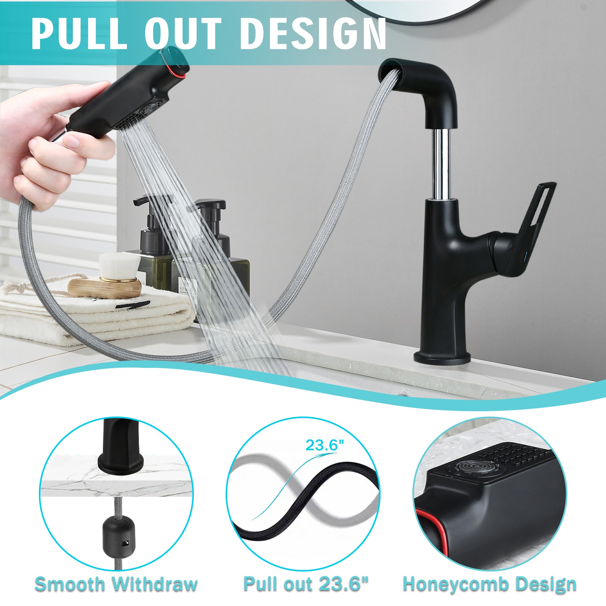 Matte Black Pull-Down Vessel Faucet - Single Hole Bathroom Sink Faucet with Lift Spout & Dual Spray Modes