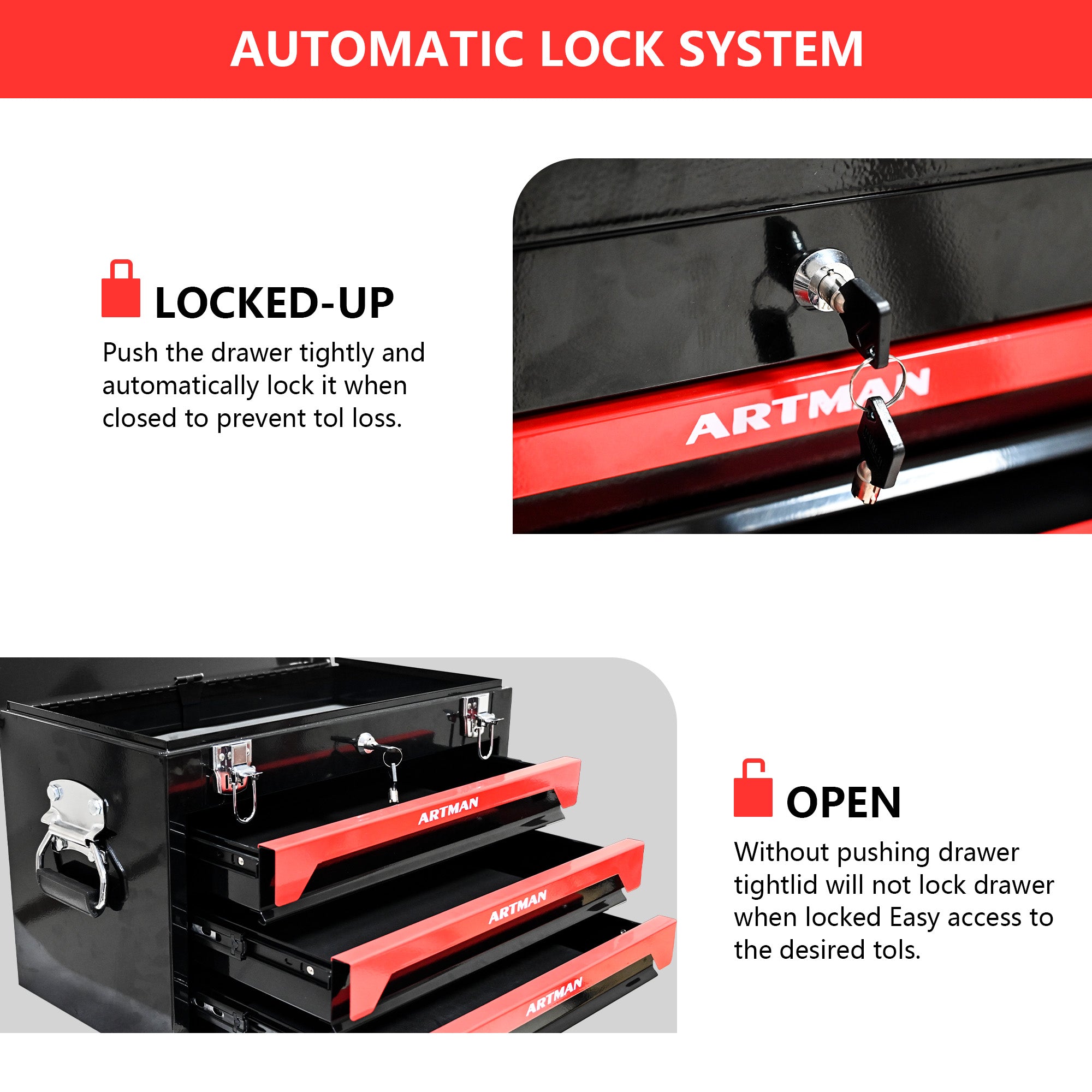 20" Portable 3 Drawer Steel Tool Box with Metal Latch Closure, Black&Red
