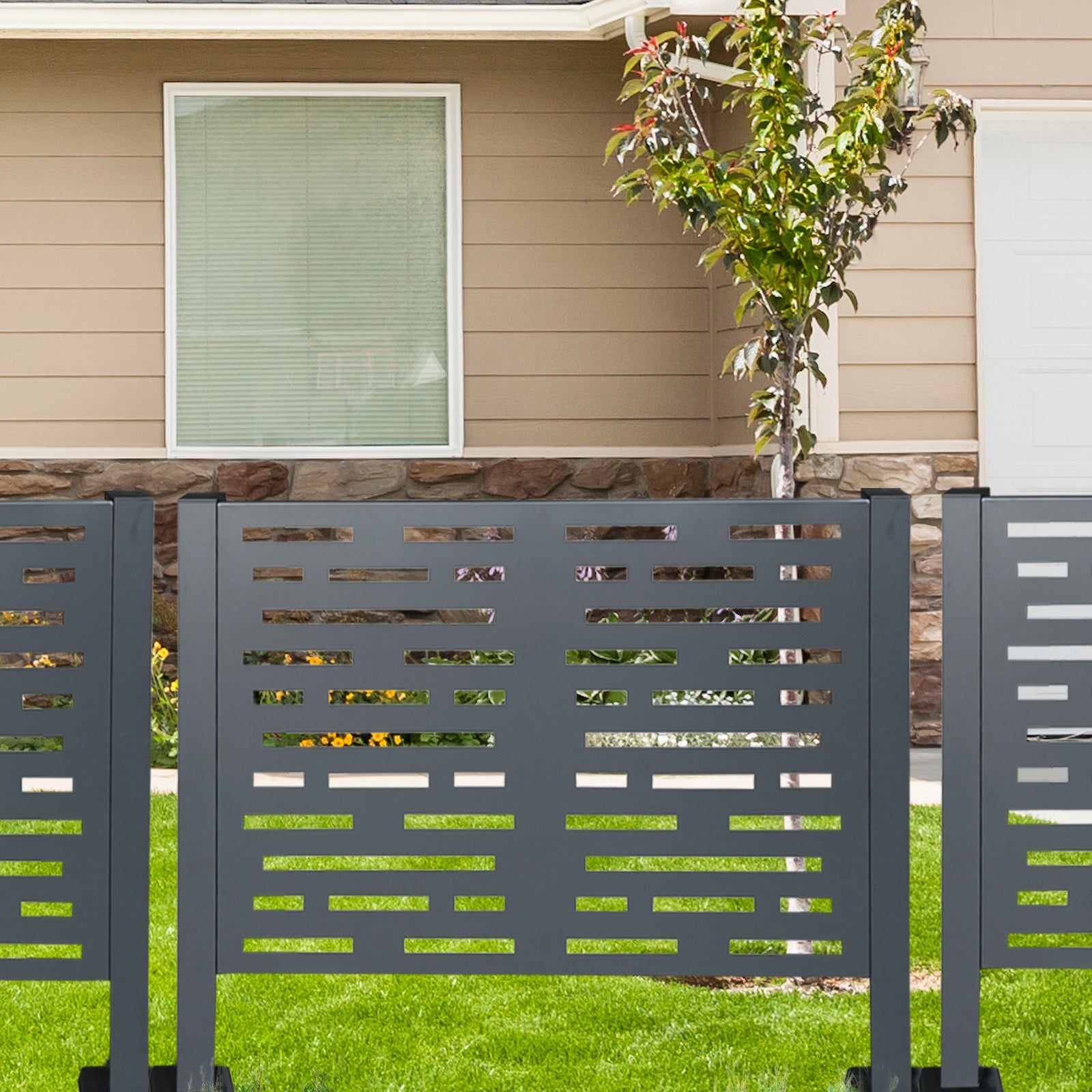 4 x 2 FT Metal Air Conditioner Privacy Fence with Flower Boxes — 3‑Panel Charcoal AC Cover, Freestanding