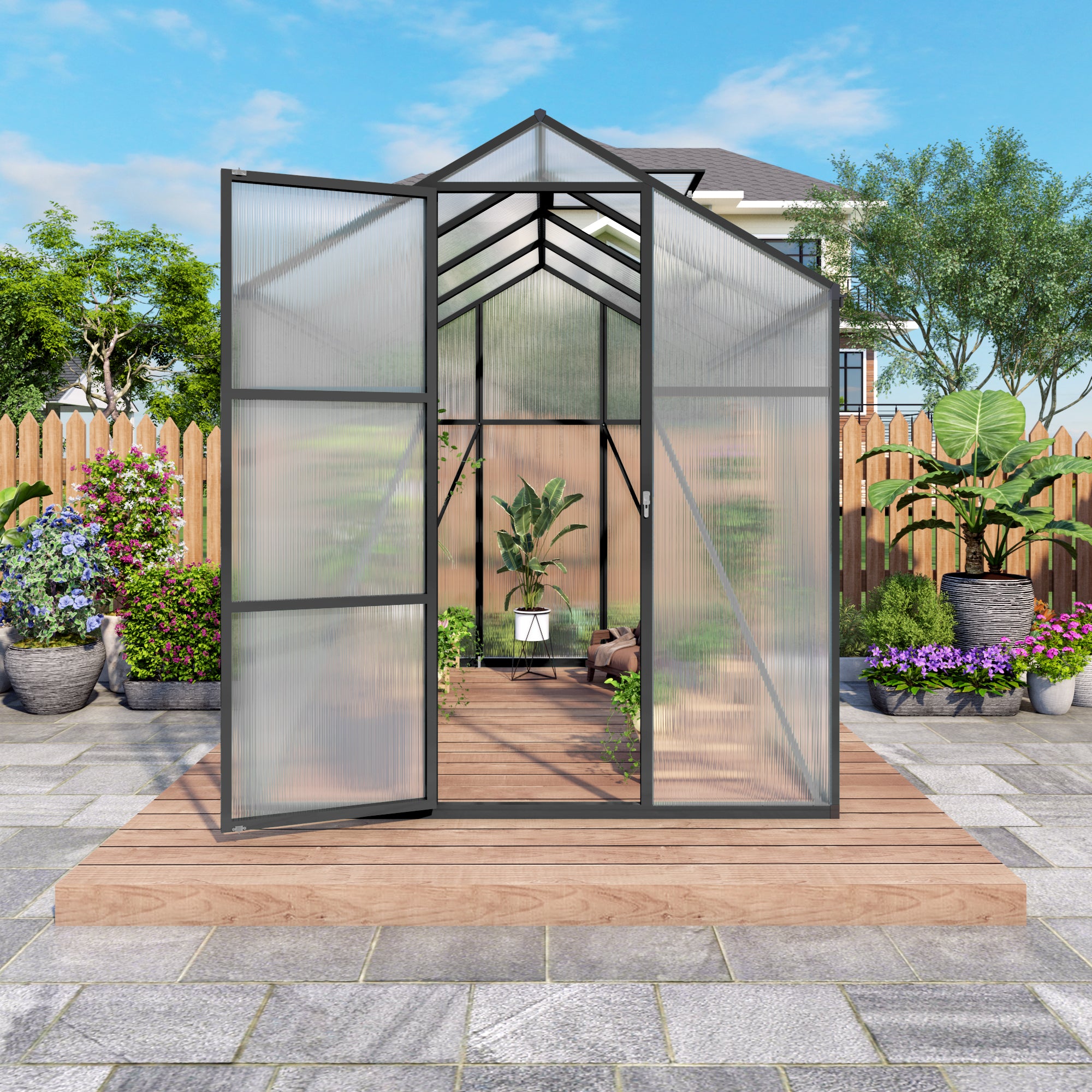6ft x 8ft Heavy‑Duty Aluminum Walk‑In Greenhouse — Wind‑Resistant Polycarbonate Panels with Raised Base & Drainage System Black