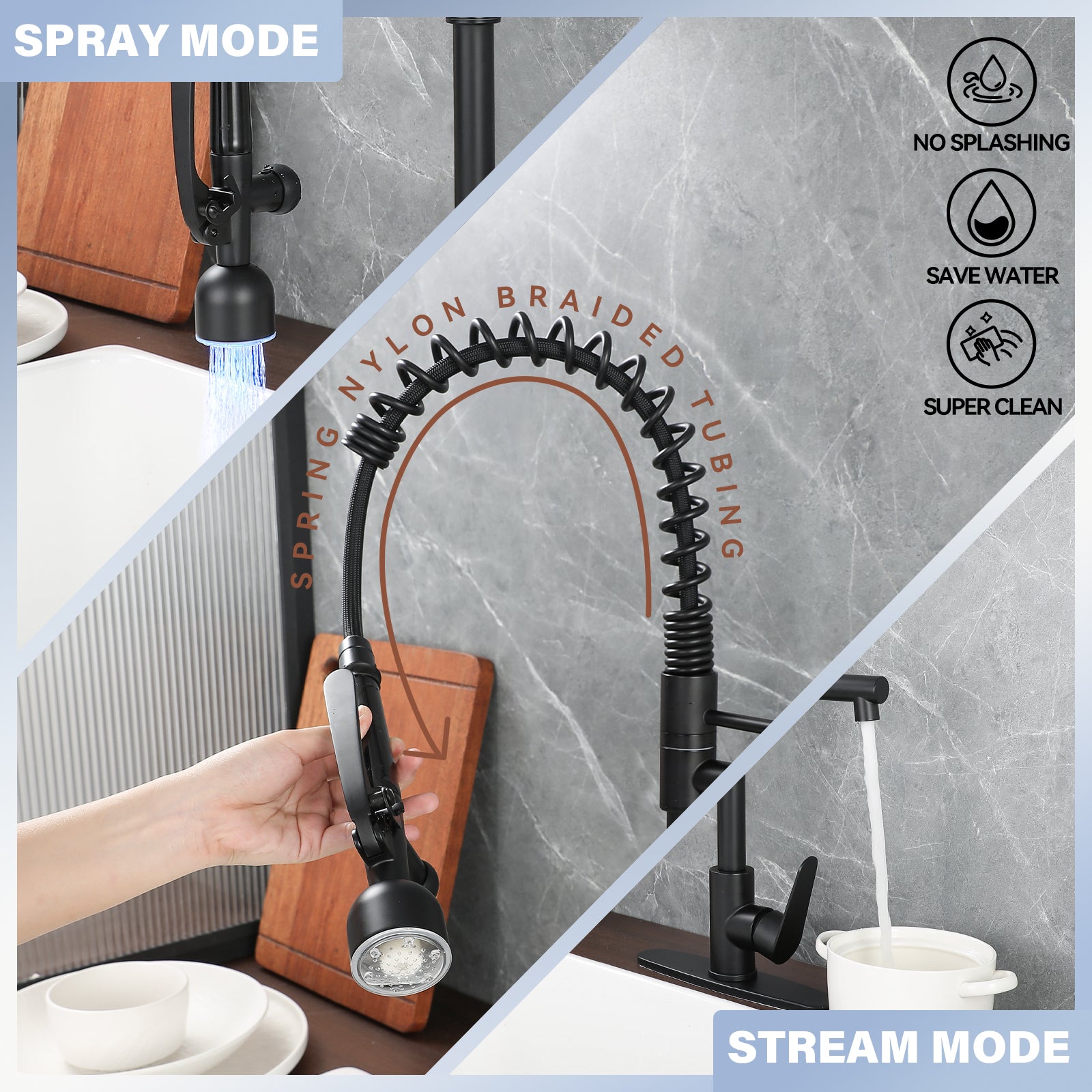 Kitchen Sink Faucet with LED Pull Down Sprayer, Commercial Single Handle High Arc Kitchen Faucet, Spring Sink Faucets with Deck Plate, Dual Spouts, Stainless Steel