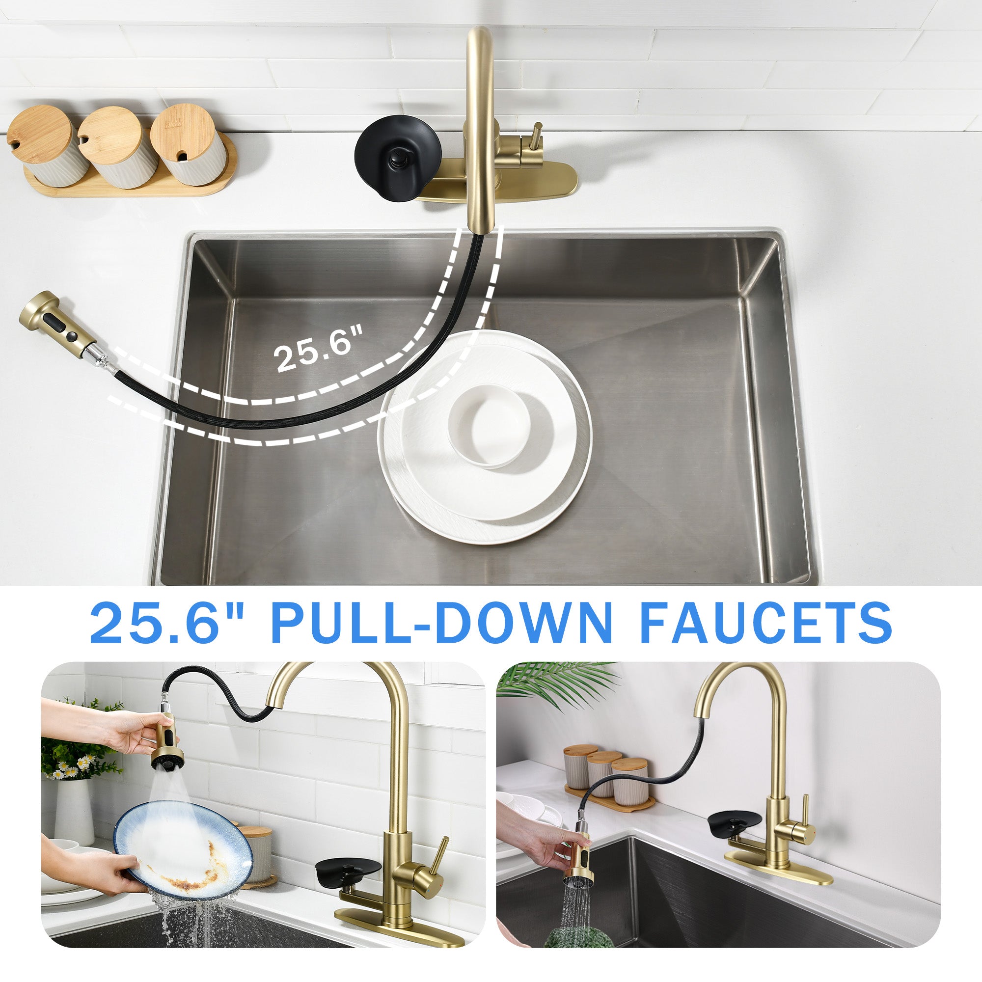 3-in-1 Kitchen Faucet with Press-Type Glass Rinser, Universal for 1 & 3 Holes, High-Arc Pull-Down Sprayer with 3 Function Spray Mode, Brushed Gold Finish
