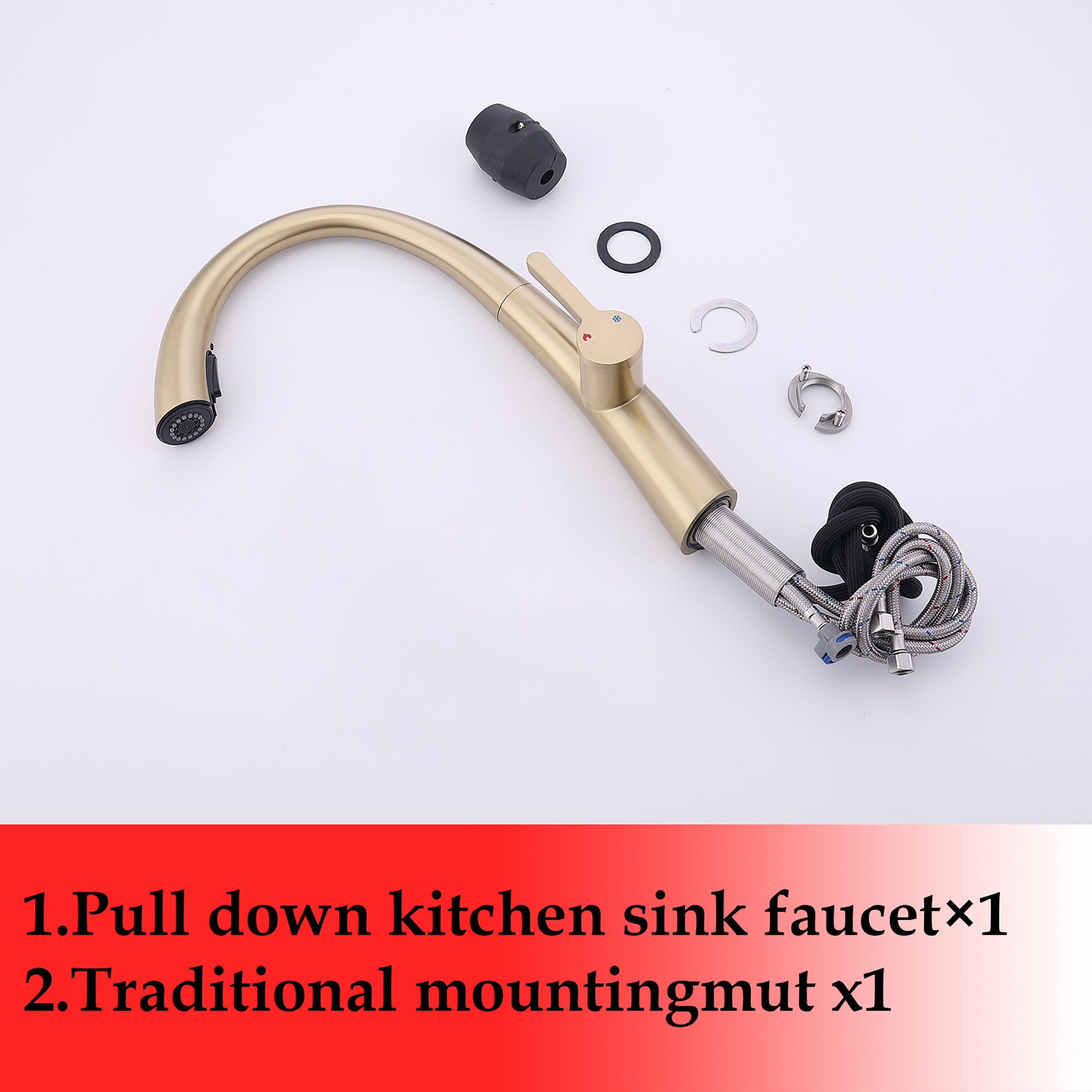 Single Handle Stainless Steel Pull Out Kitchen Faucet – Brushed Gold, High-Arc, Dual-Mode