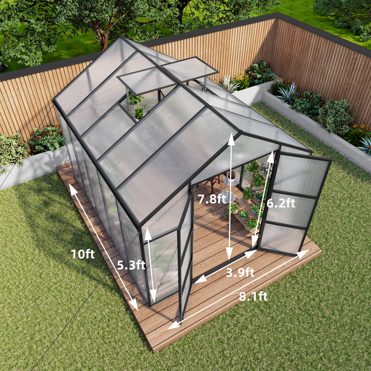 8ft x 10ft Heavy‑Duty Aluminum Walk‑In Greenhouse — 4mm Polycarbonate Panels Drainage System & Adjustable Vents Black