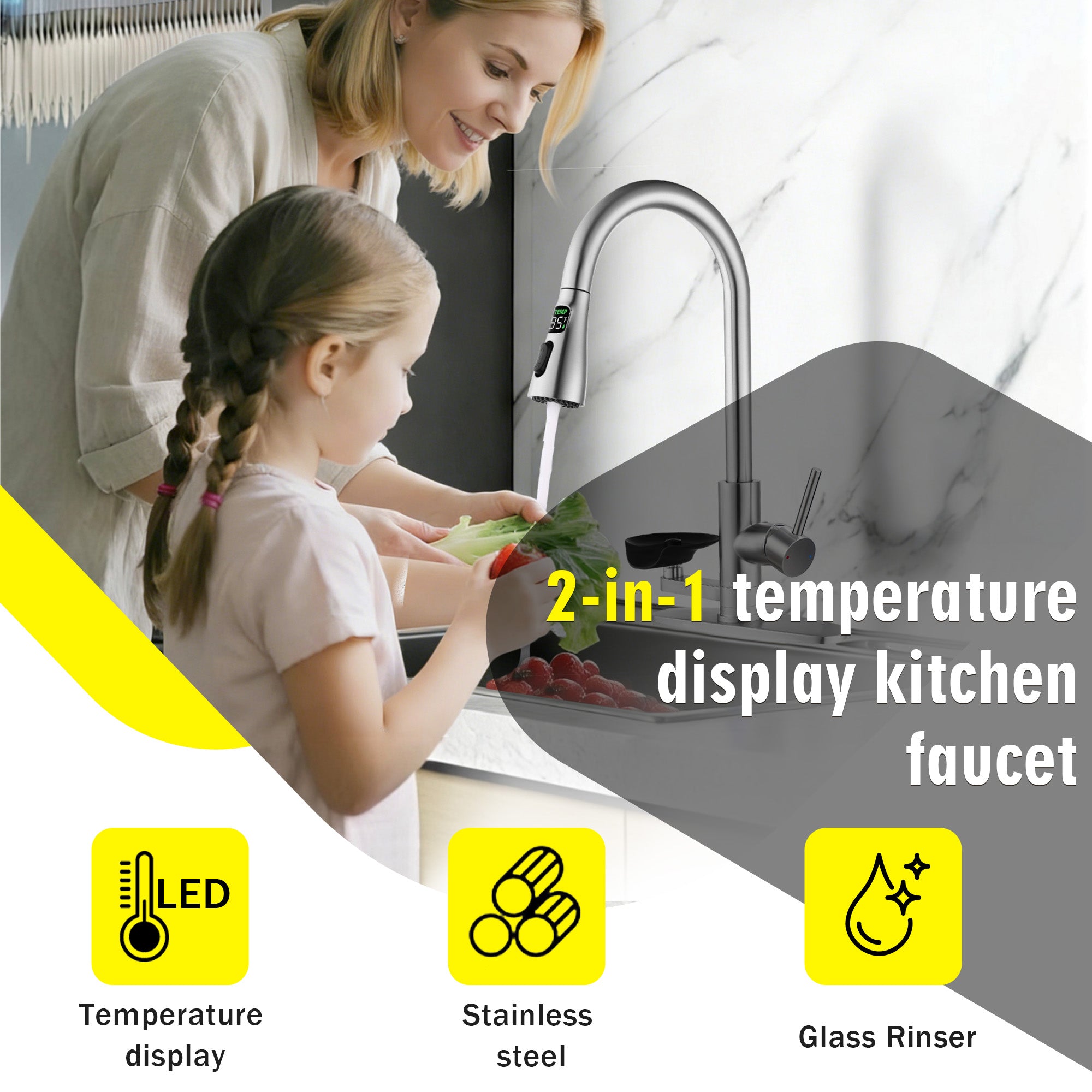 3-in-1 Kitchen Faucet with 3-Color LED Temperature Display, Press-Type Glass Rinser, High-Arc Pull-Down Sprayer, 3 Spray Modes, Brushed Nickel Finish for Modern Kitchen Sink