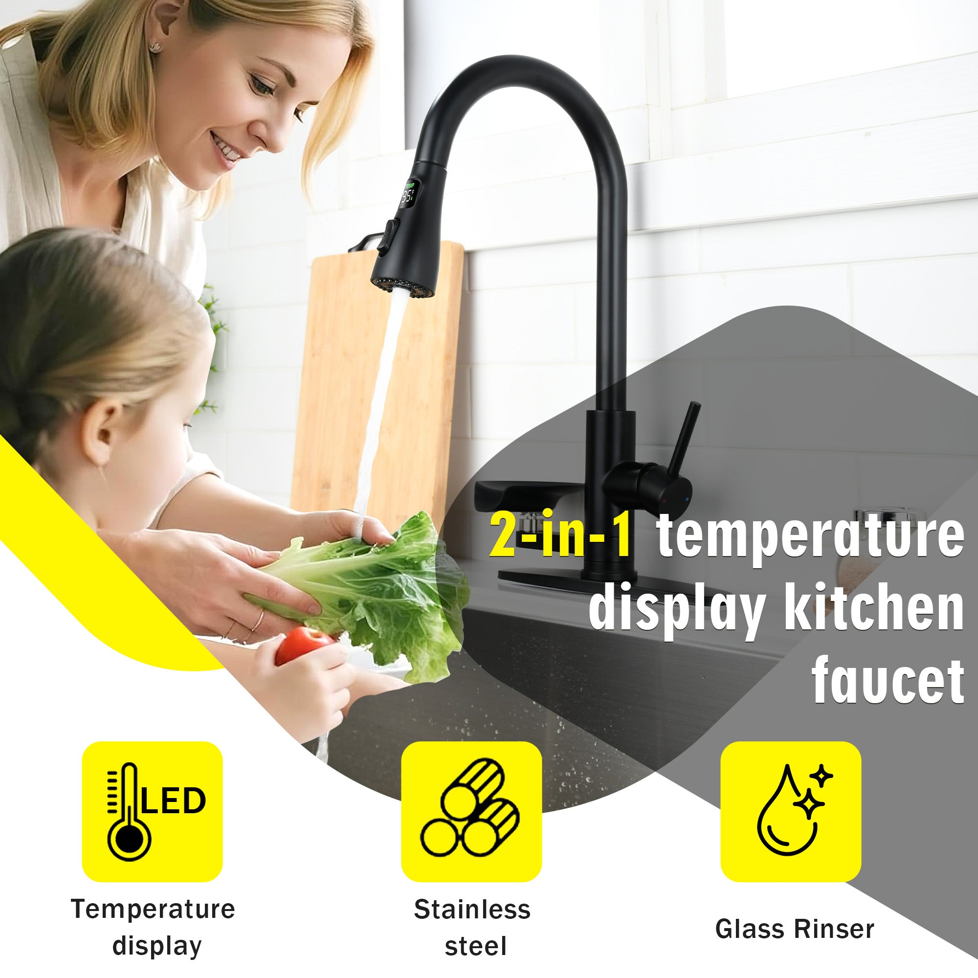 3-in-1 Kitchen Faucet with 3-Color LED Temperature Display, Press-Type Glass Rinser, High-Arc Pull-Down Sprayer, 3 Spray Modes, Matte Black Finish for Modern Kitchen Sink