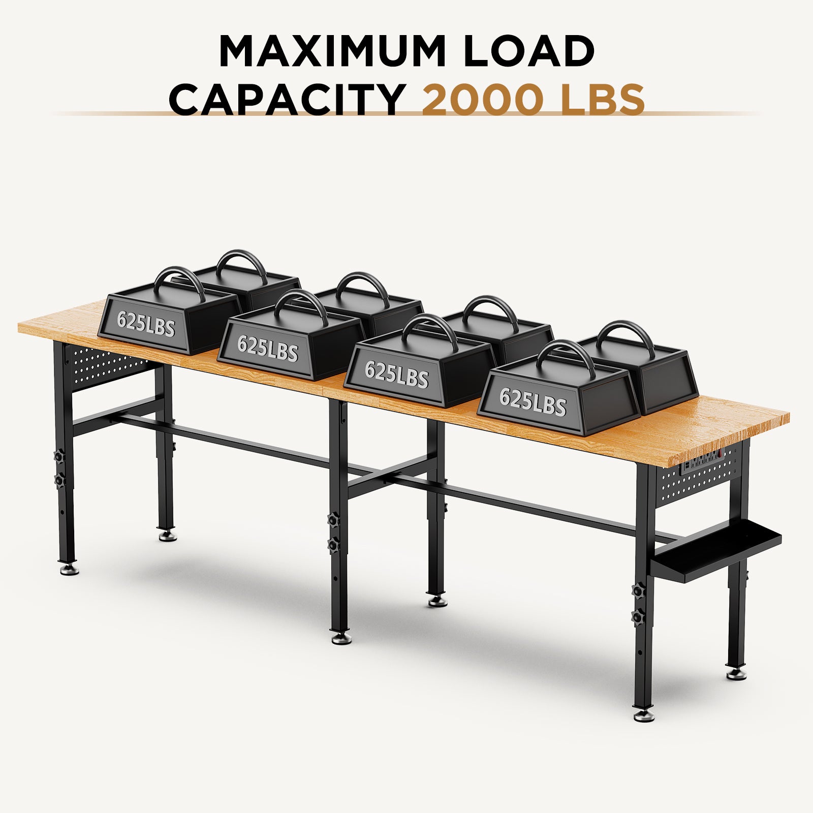 96" Adjustable Workbench with Side Pegboard, Solid Wood Top, 2000 lb Capacity, Power Outlet, Storage Box & Wheels