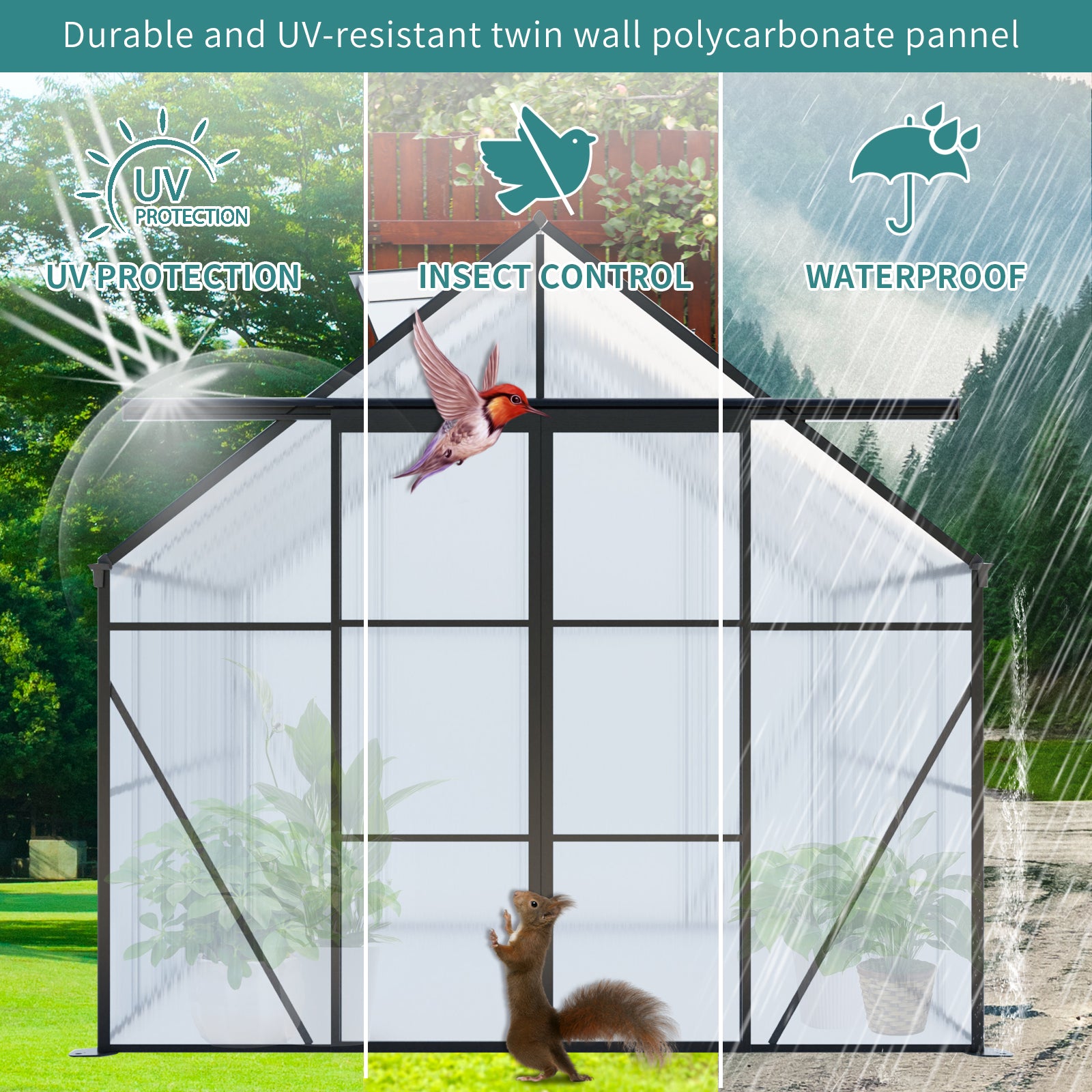 8ft x 8ft Heavy‑Duty Aluminum Walk‑In Greenhouse — Double Doors Polycarbonate Panels Raised Base & Drainage System Black
