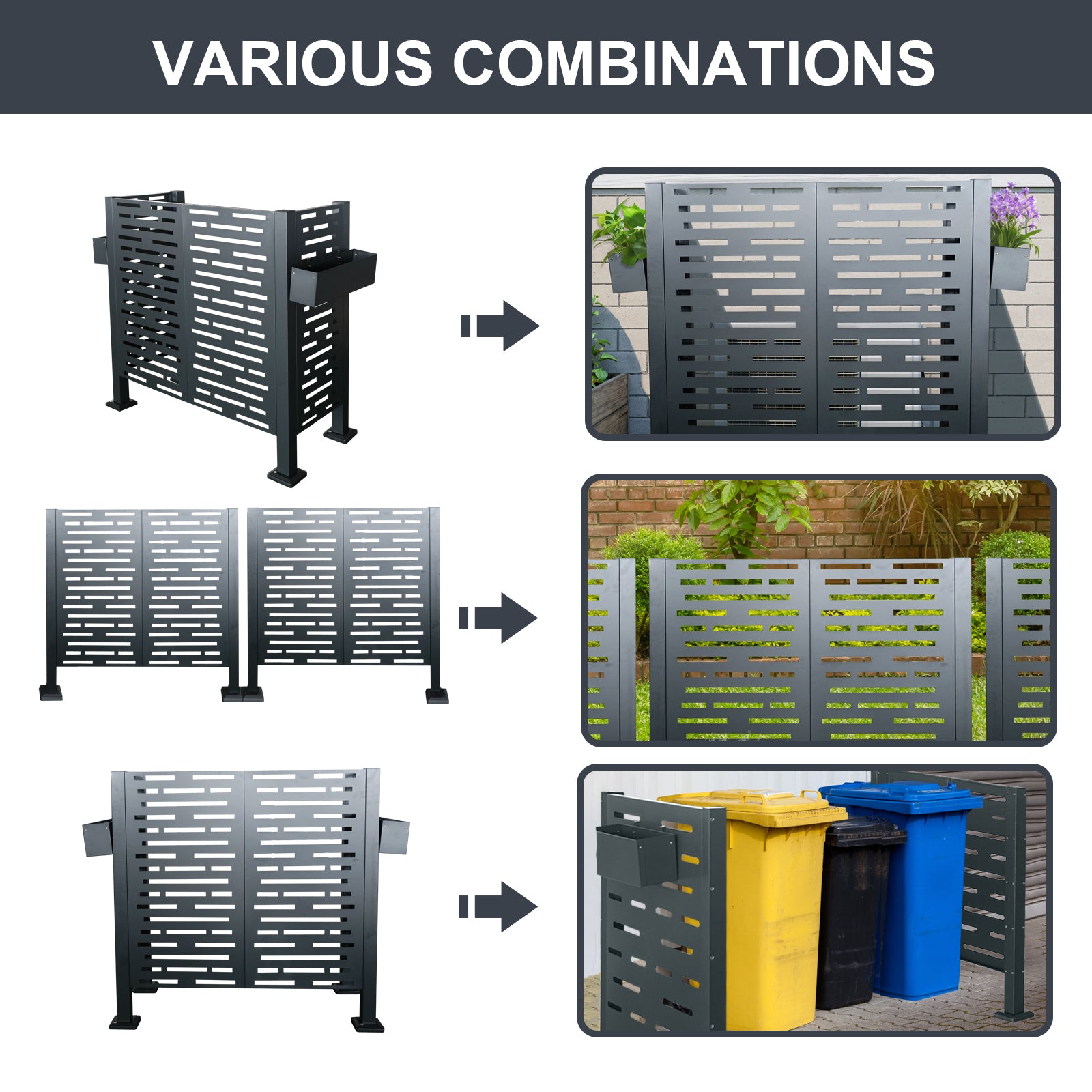 4 x 2 FT Metal Air Conditioner Privacy Fence with Flower Boxes — Charcoal, Freestanding AC Cover