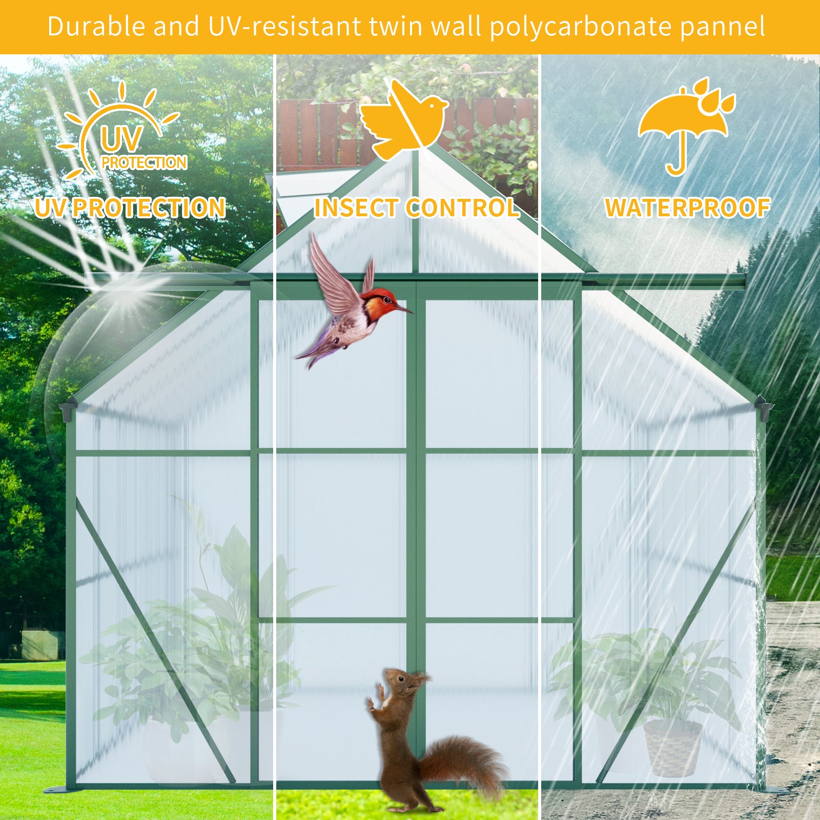 8ft x 6ft Heavy‑Duty Aluminum Walk‑In Greenhouse — Double Doors Adjustable Roof & Polycarbonate Panels Green