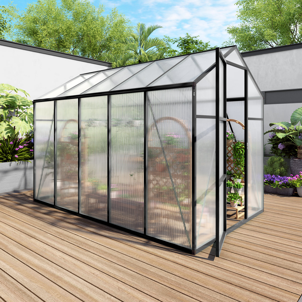 6ft x 10ft Heavy‑Duty Aluminum Walk‑In Greenhouse — Wind‑Resistant Polycarbonate Panels with Raised Base & Drainage System Black