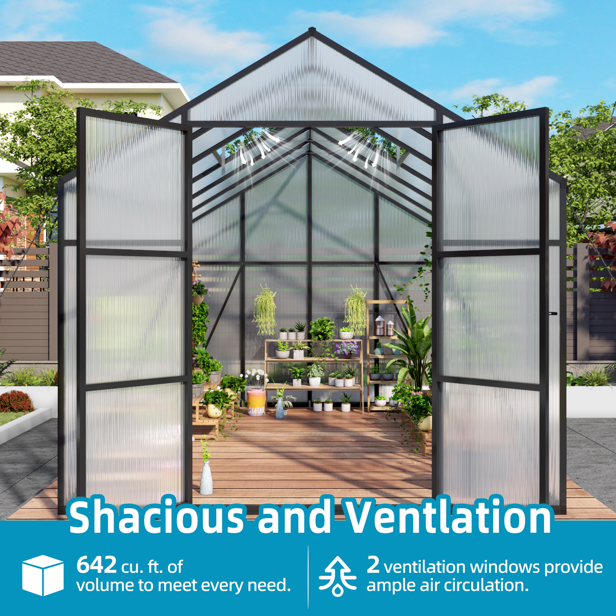 8ft x 12ft Heavy‑Duty Aluminum Walk‑In Greenhouse — 4mm Polycarbonate Panels Raised Base & Drainage System Black