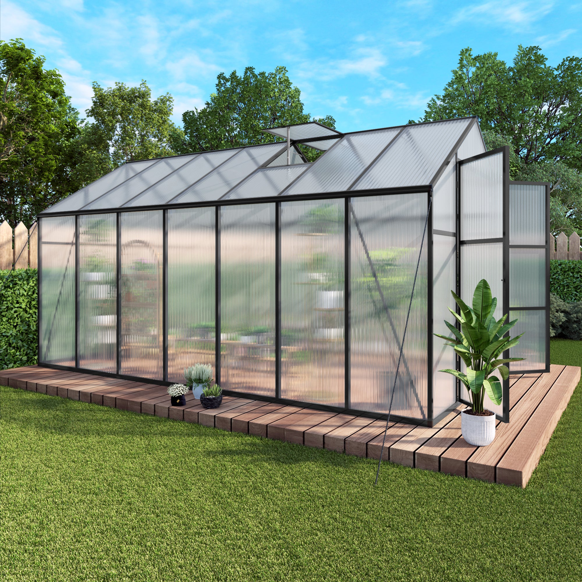 8ft x 14ft Heavy‑Duty Aluminum Walk‑In Greenhouse — Raised Base Polycarbonate Panels & Drainage System Black